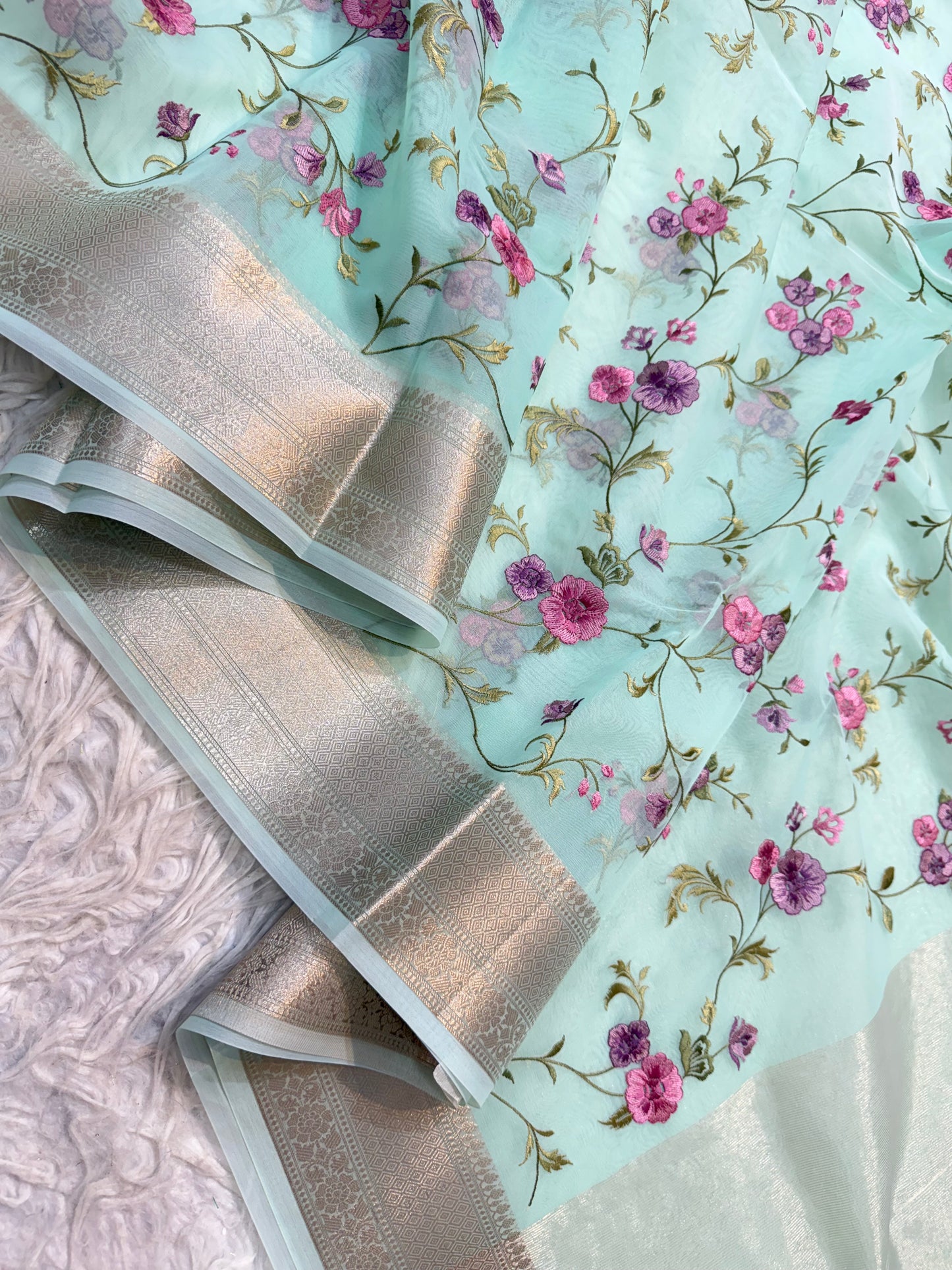 Turquoise shade organza embroidery Banarasi saree