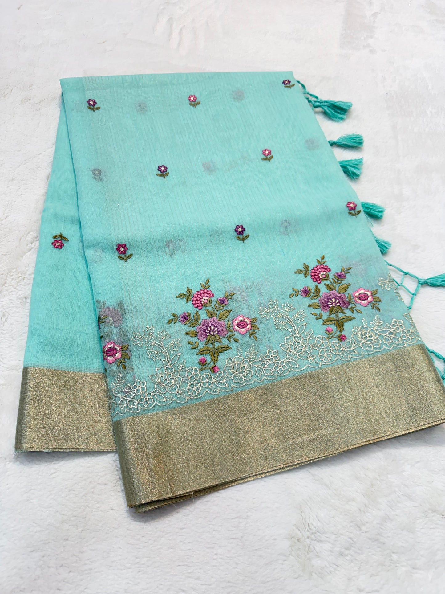 Turquoise shade linen embroidery Banarasi saree