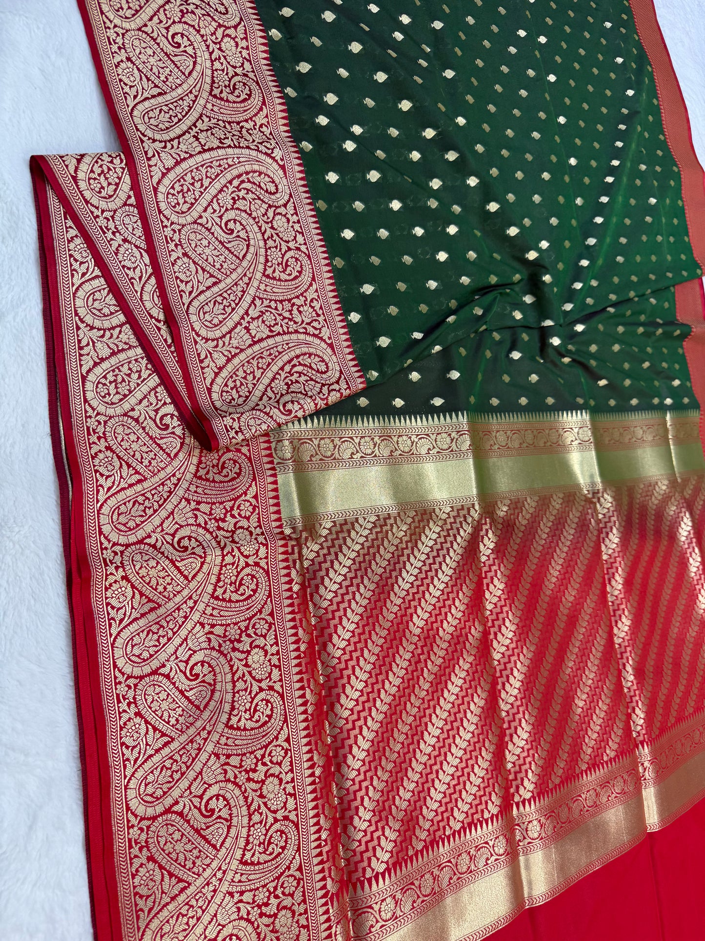 Bottle green red shade katan Banarasi silk Saree