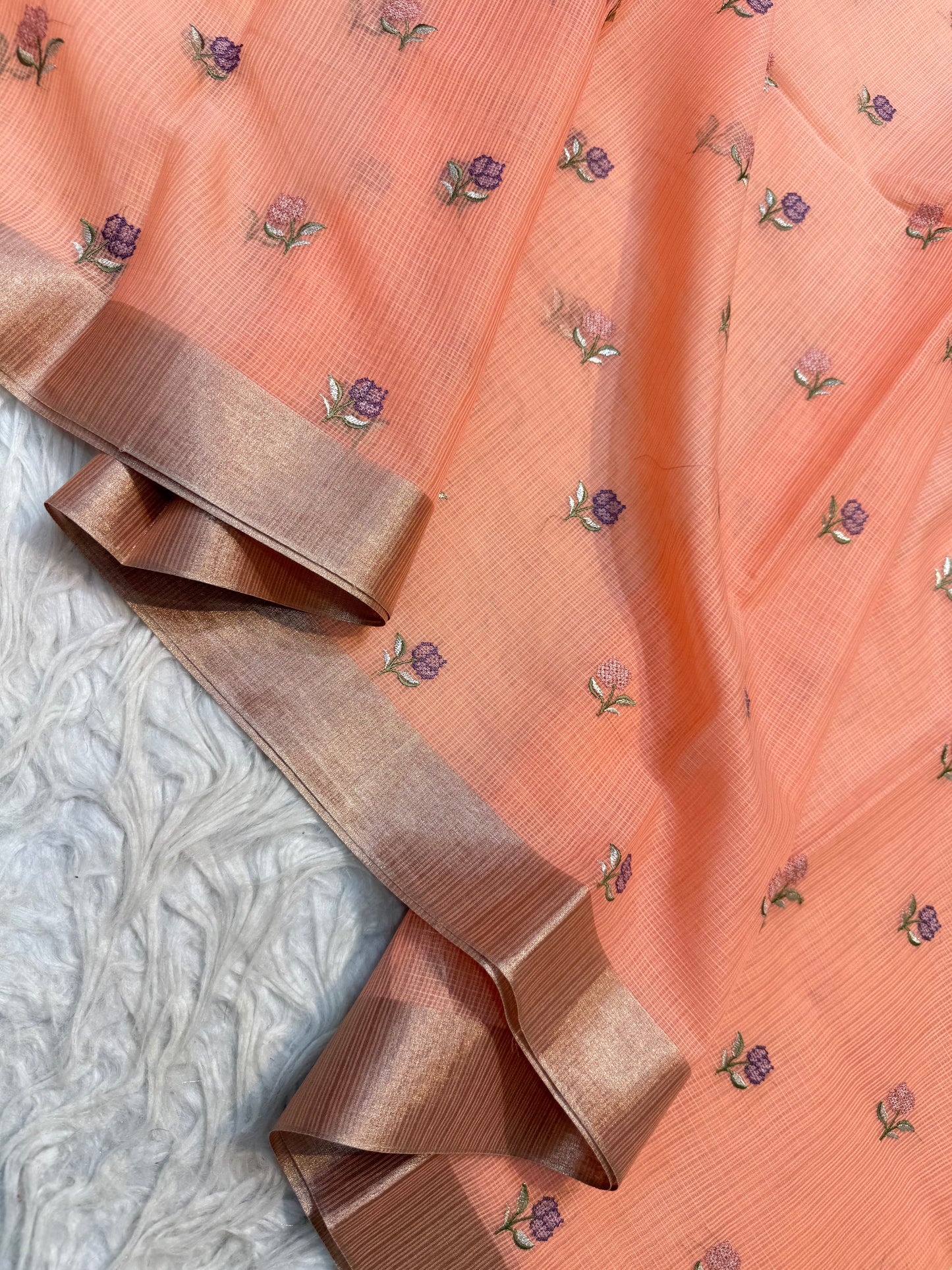 Peach shade cotton kota embroidery Banarasi saree