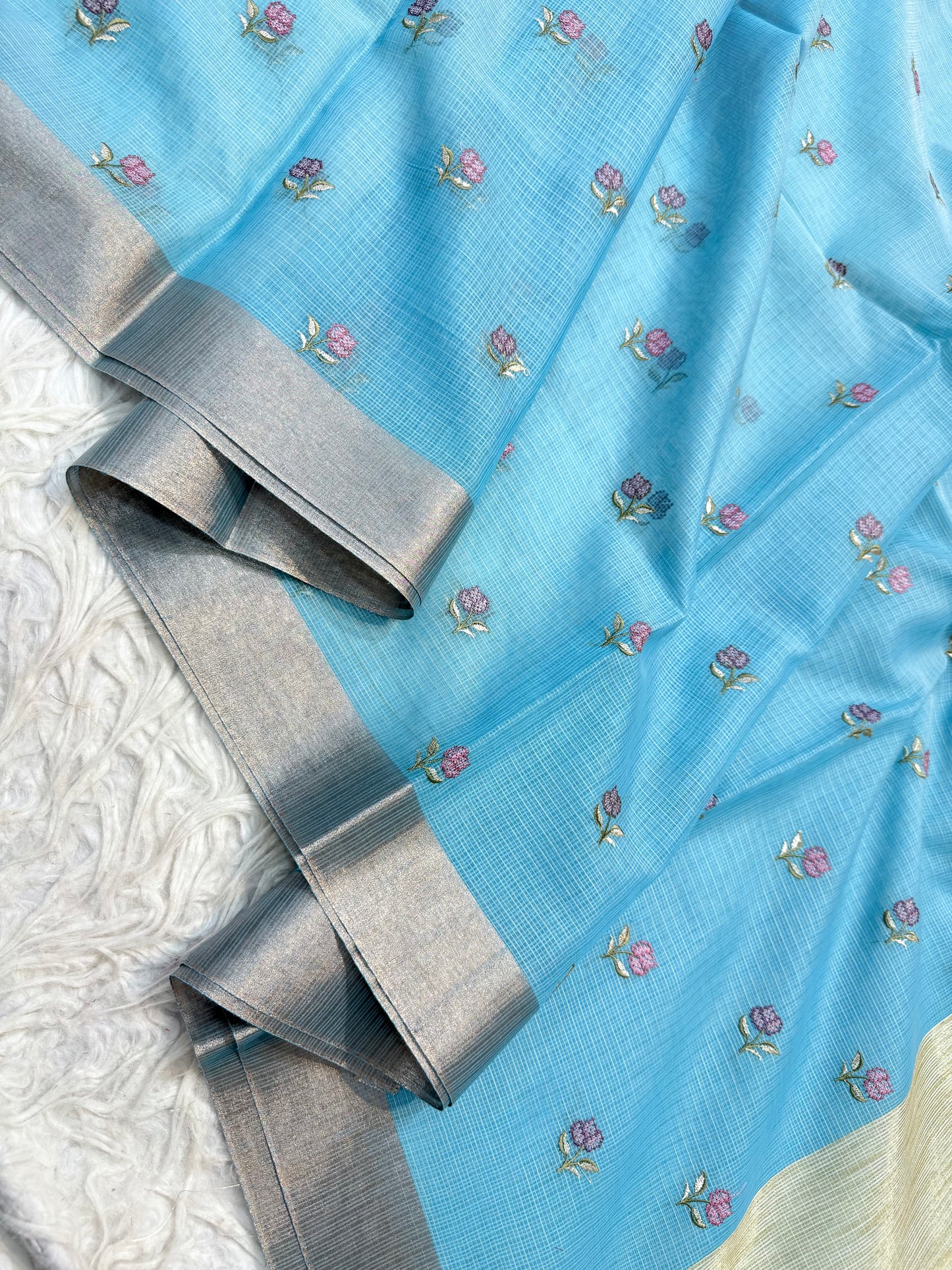 Sky blue shade cotton kota embroidery Banarasi saree