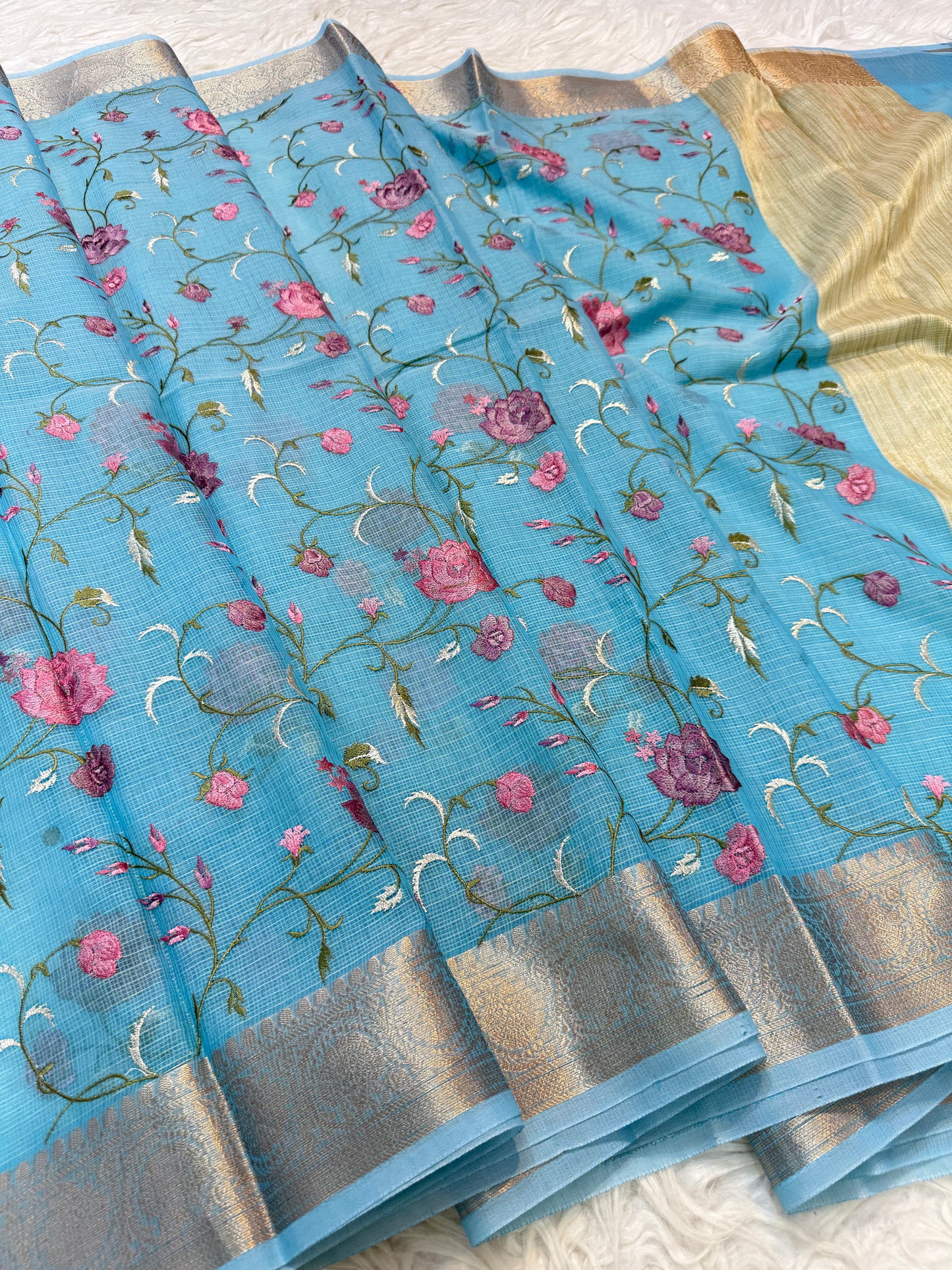 Sky blue shade kota embroidery Banarasi saree