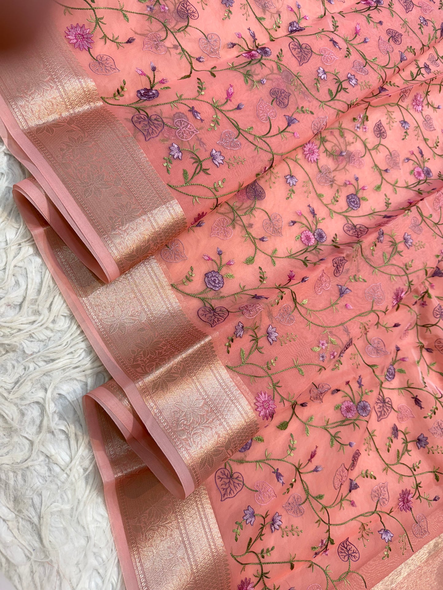 Peach shade organza embroidery Banarasi saree