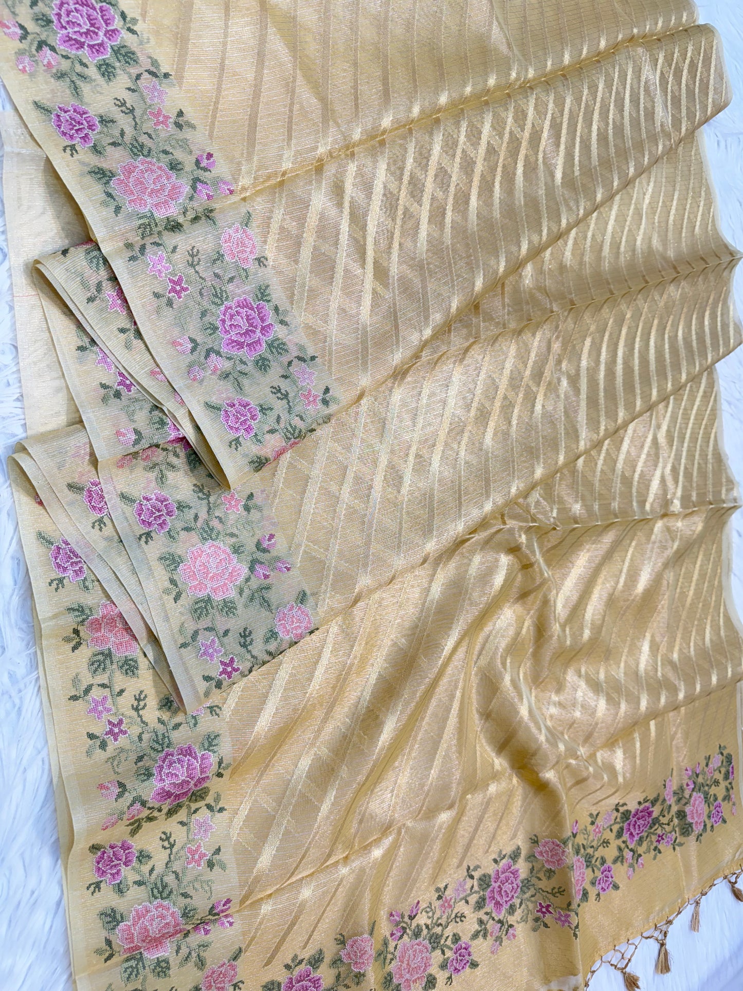 Mango shade tissue kota embroidery primum Banarasi saree