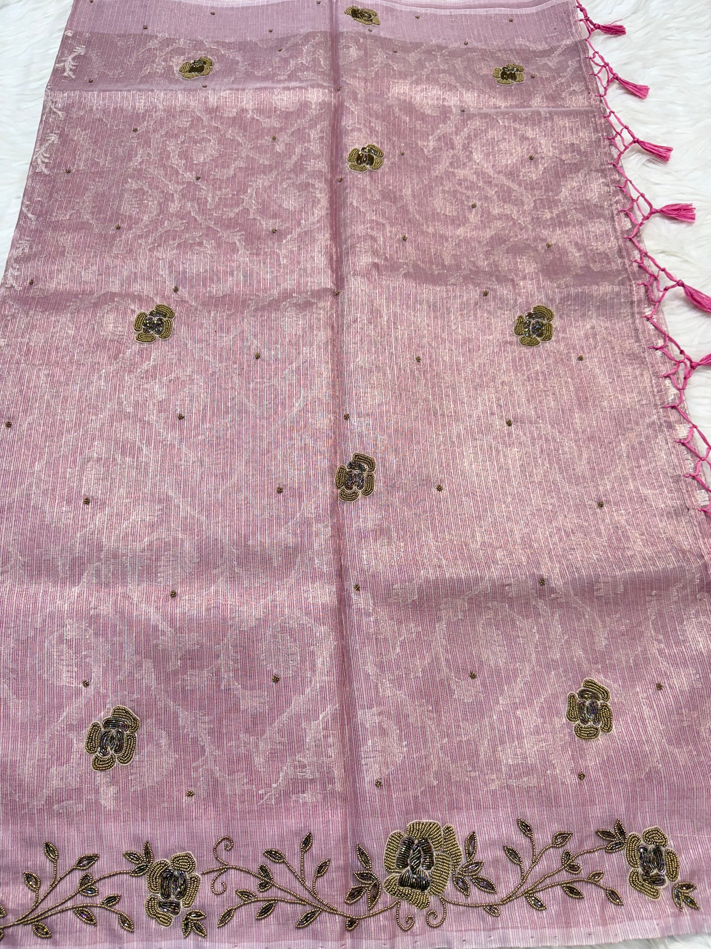Peach shade tissue kota zardosi work Banarasi saree