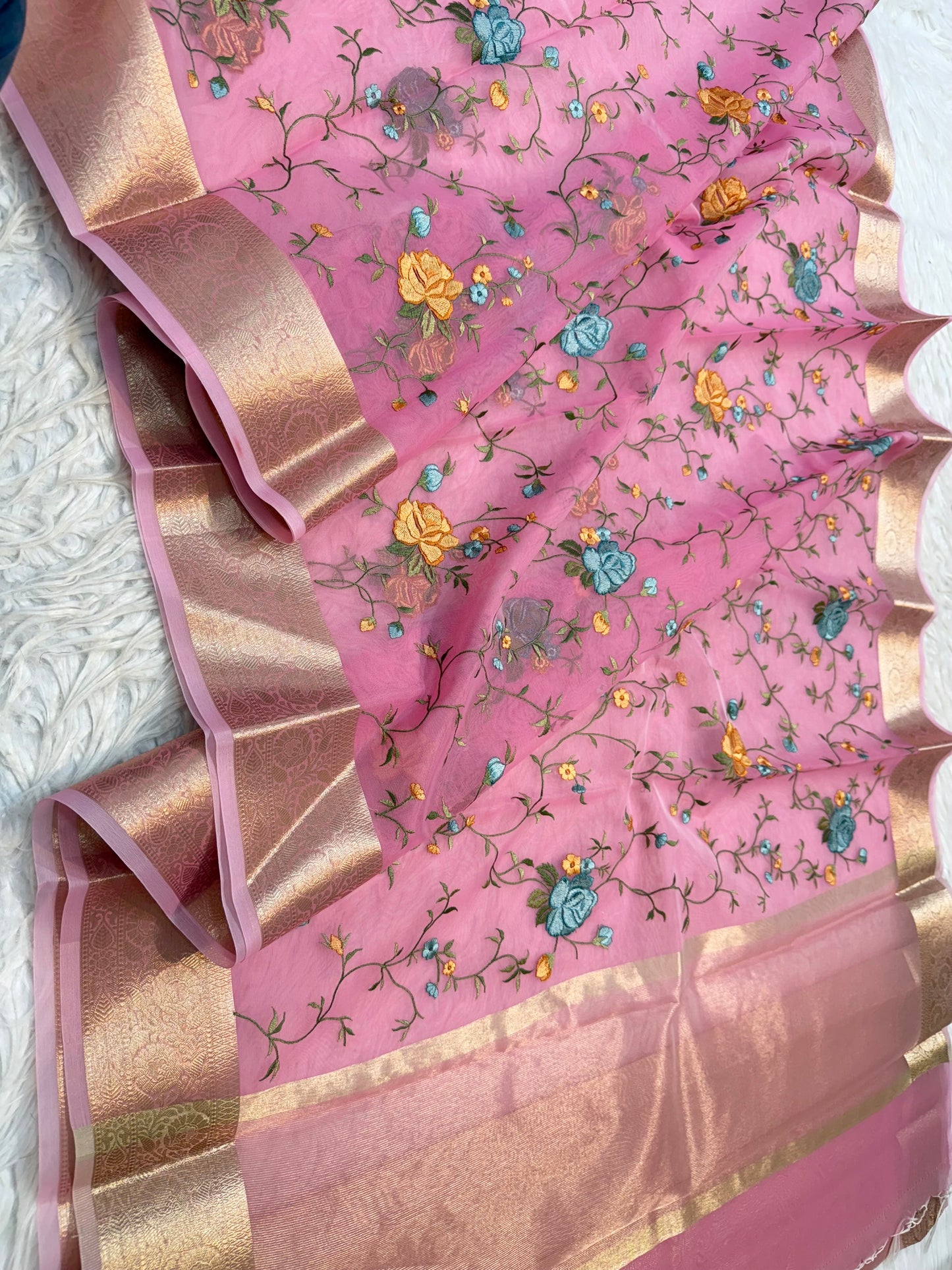 Pink shade organza embroidery Banarasi saree