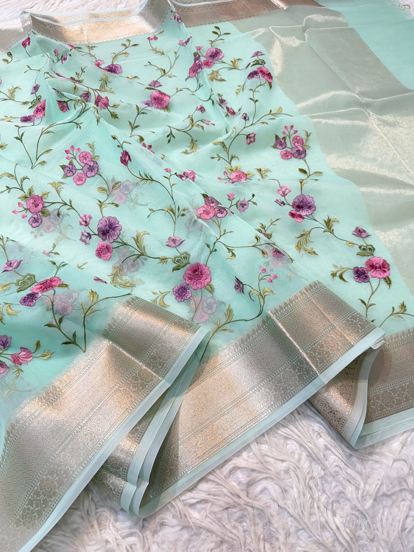 Turquoise shade organza embroidery Banarasi saree