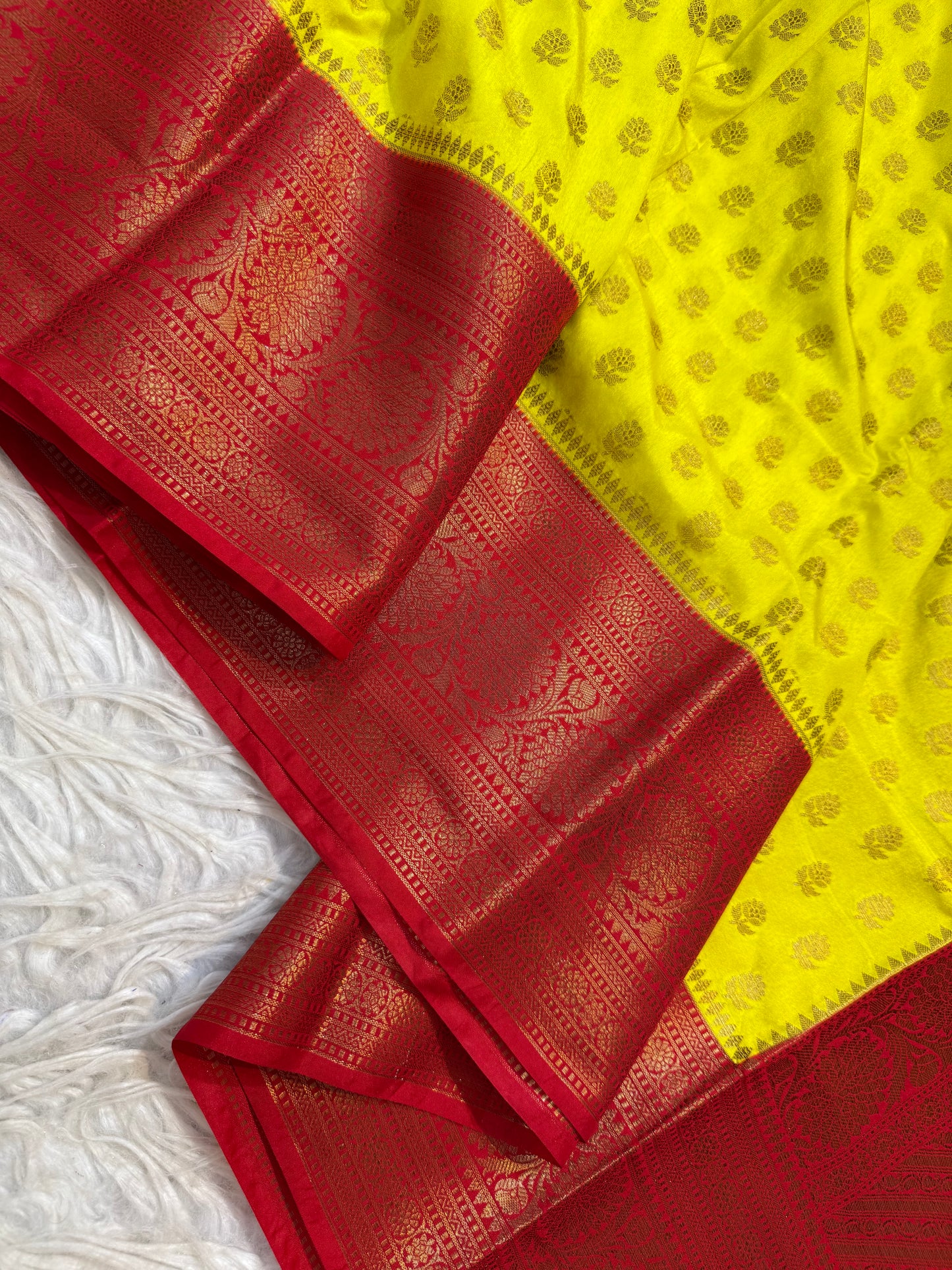 Yellow red shade Dupion Silk Banarasi Saree