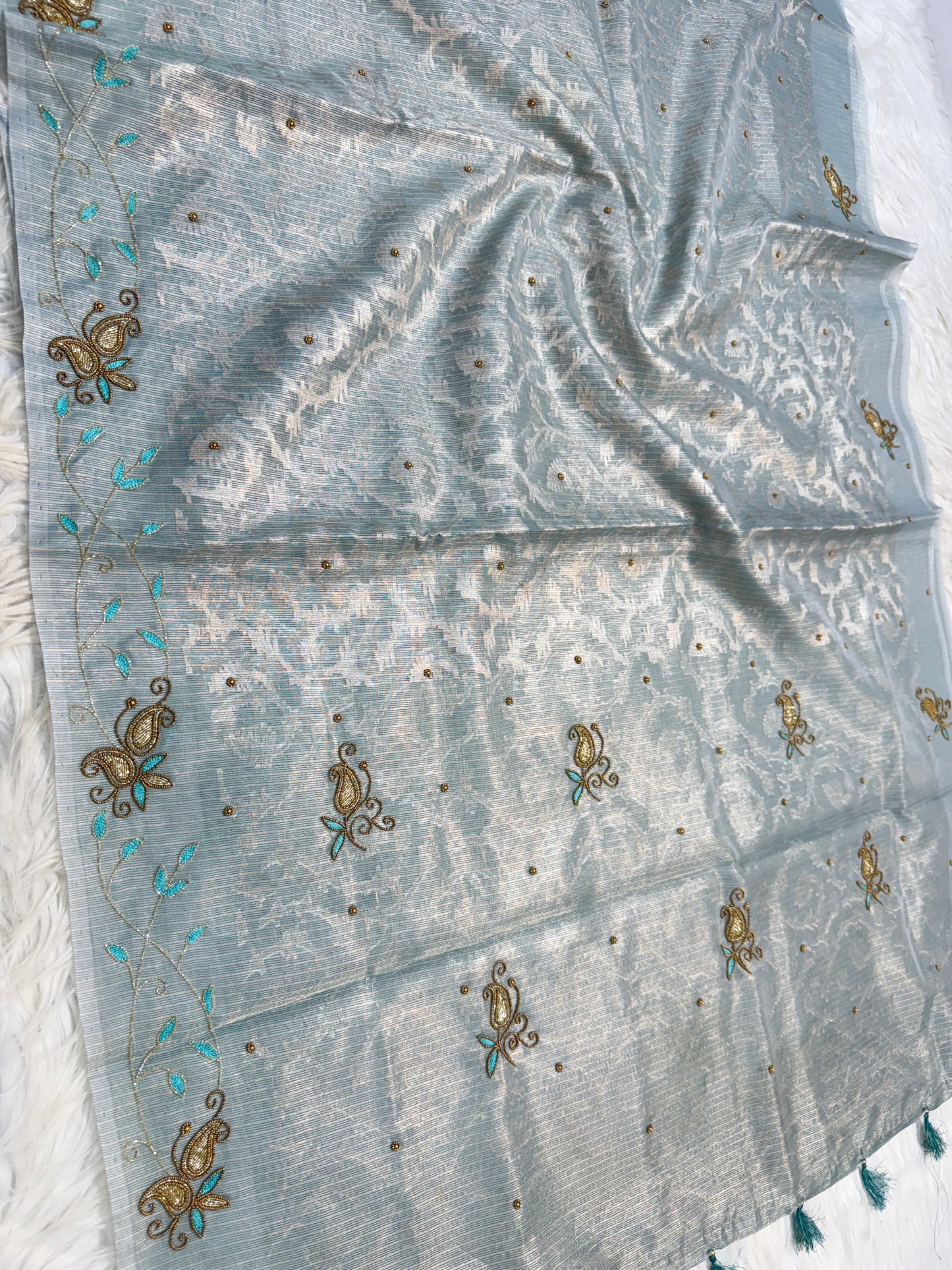 Sea green shade tissue kota zardosi work premium Banarasi saree