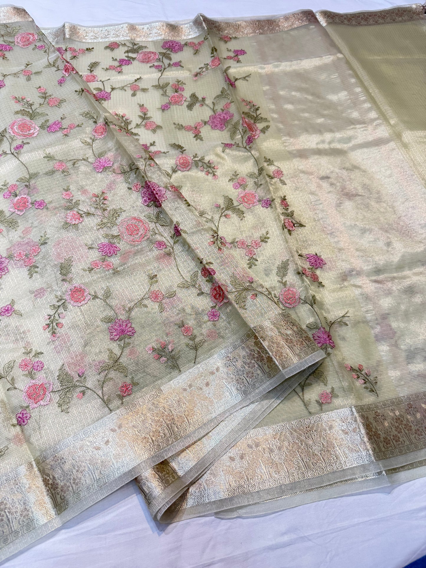 Pista green shade tissue kota embroidery primum Banarasi saree