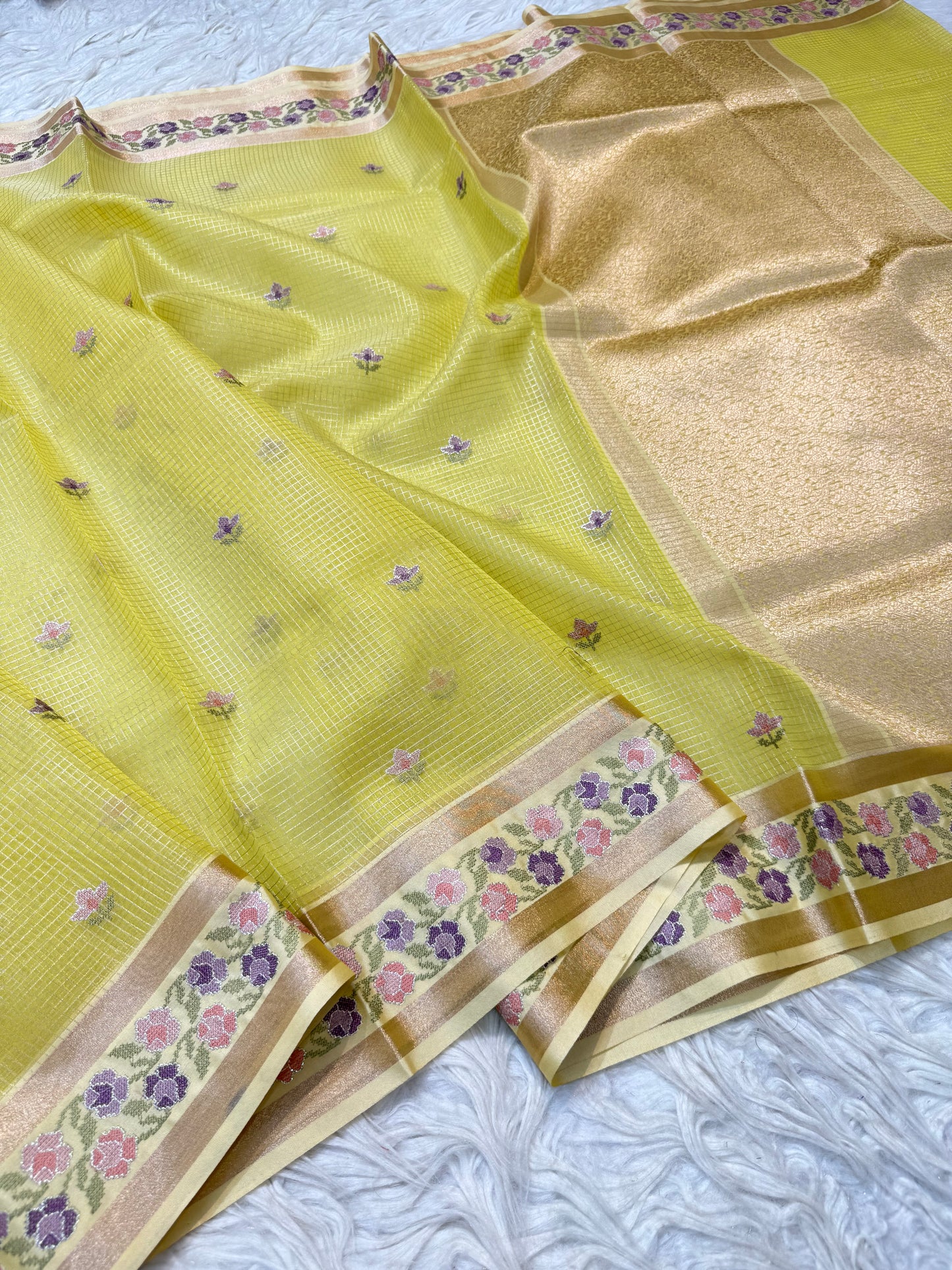 Mustard shade kora organza embroidery Banarasi saree