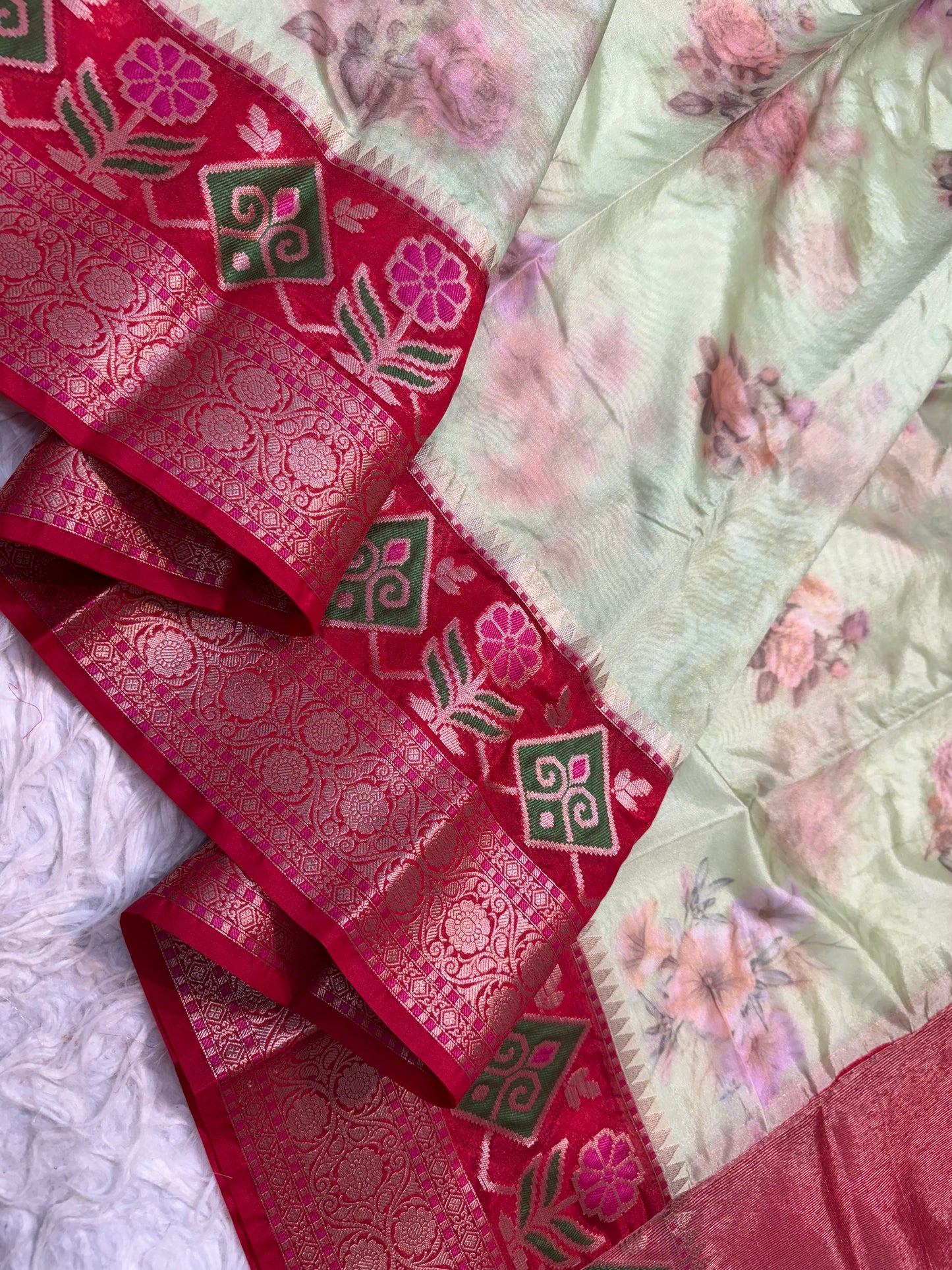 Pista green red Contrast Kora Organza Digital Print Banarasi saree