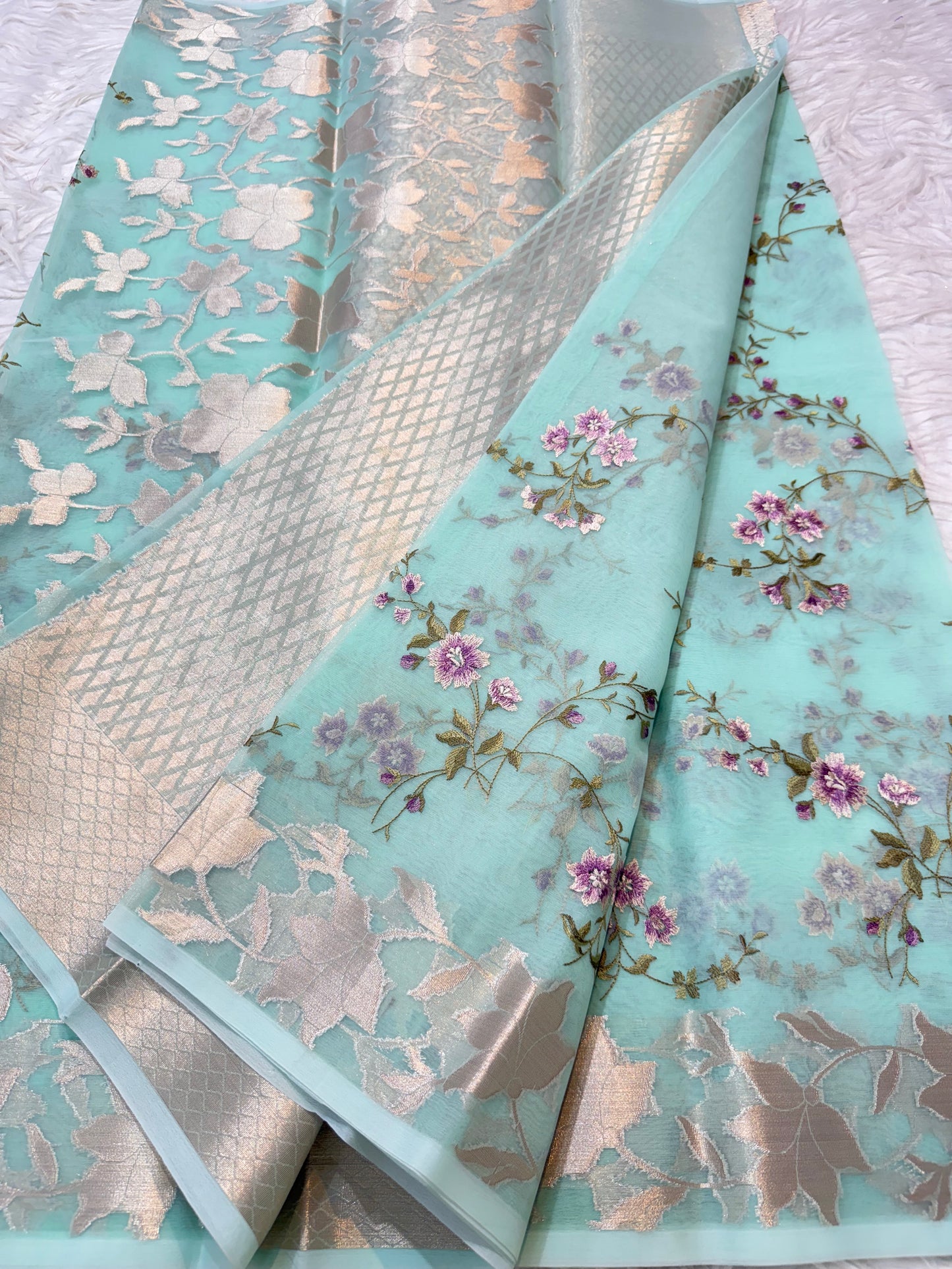 Turquoise shade kora organza embroidery Banarasi saree