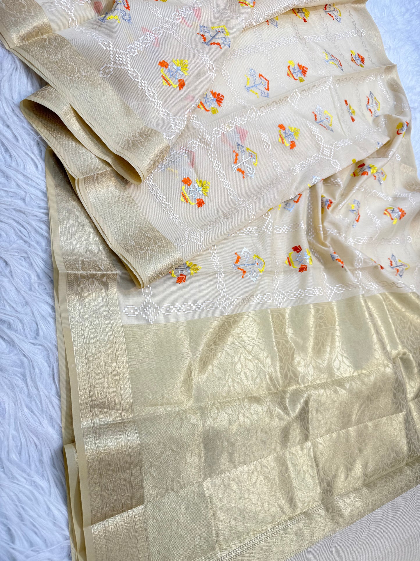 Off white shade supernet embroidery Banarasi saree