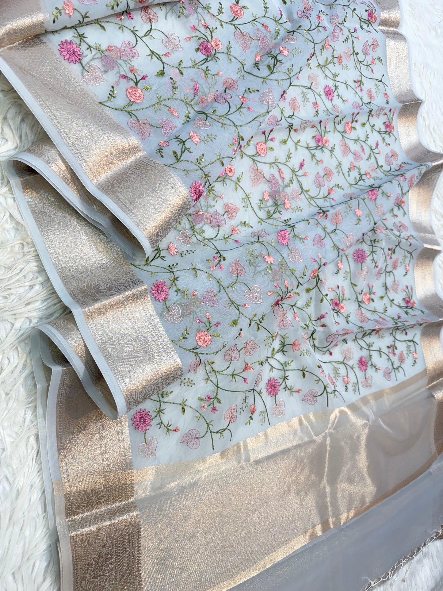 Grey shade organza embroidery Banarasi saree