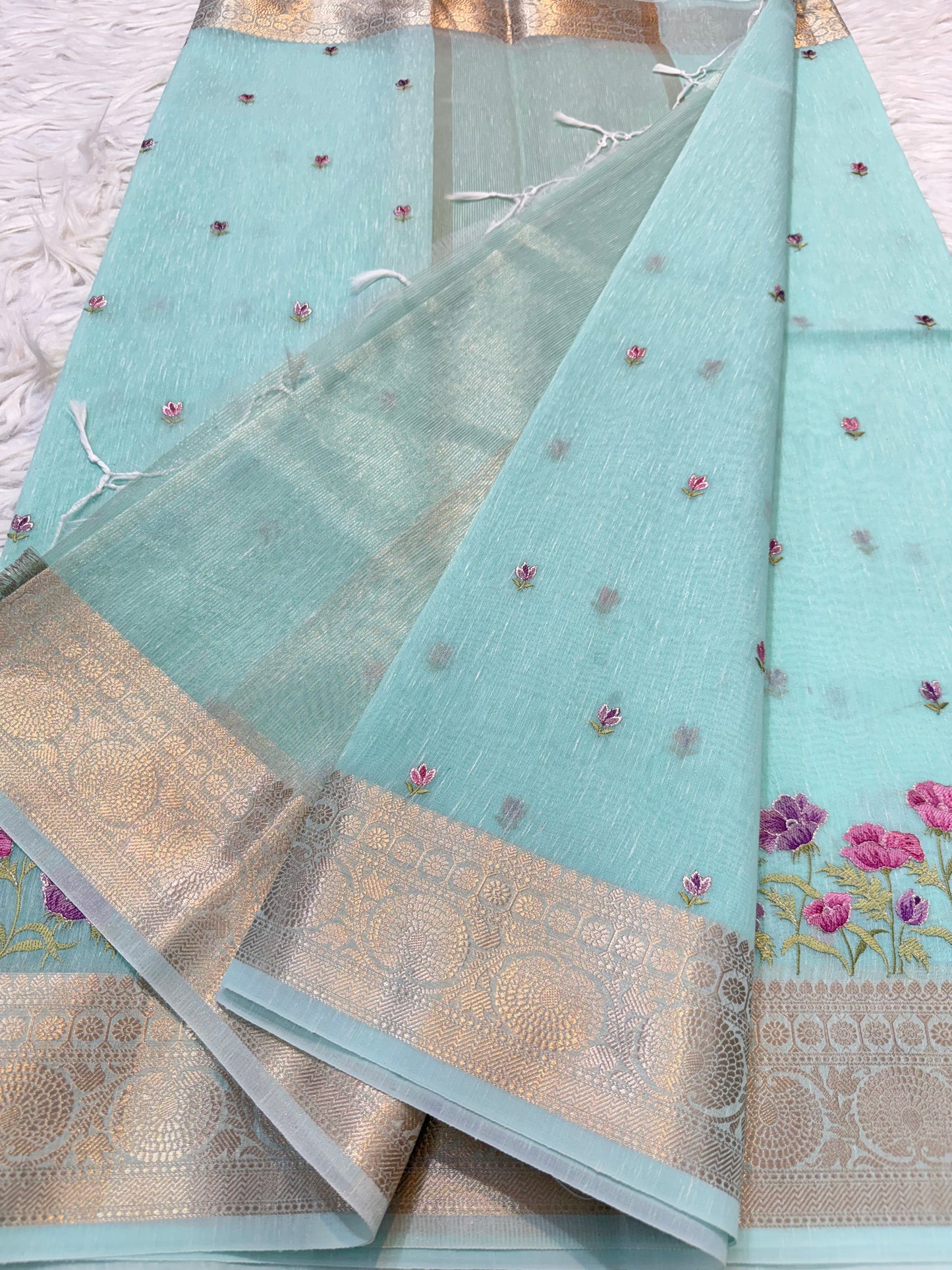 Turquoise shade linen embroidery Banarasi saree