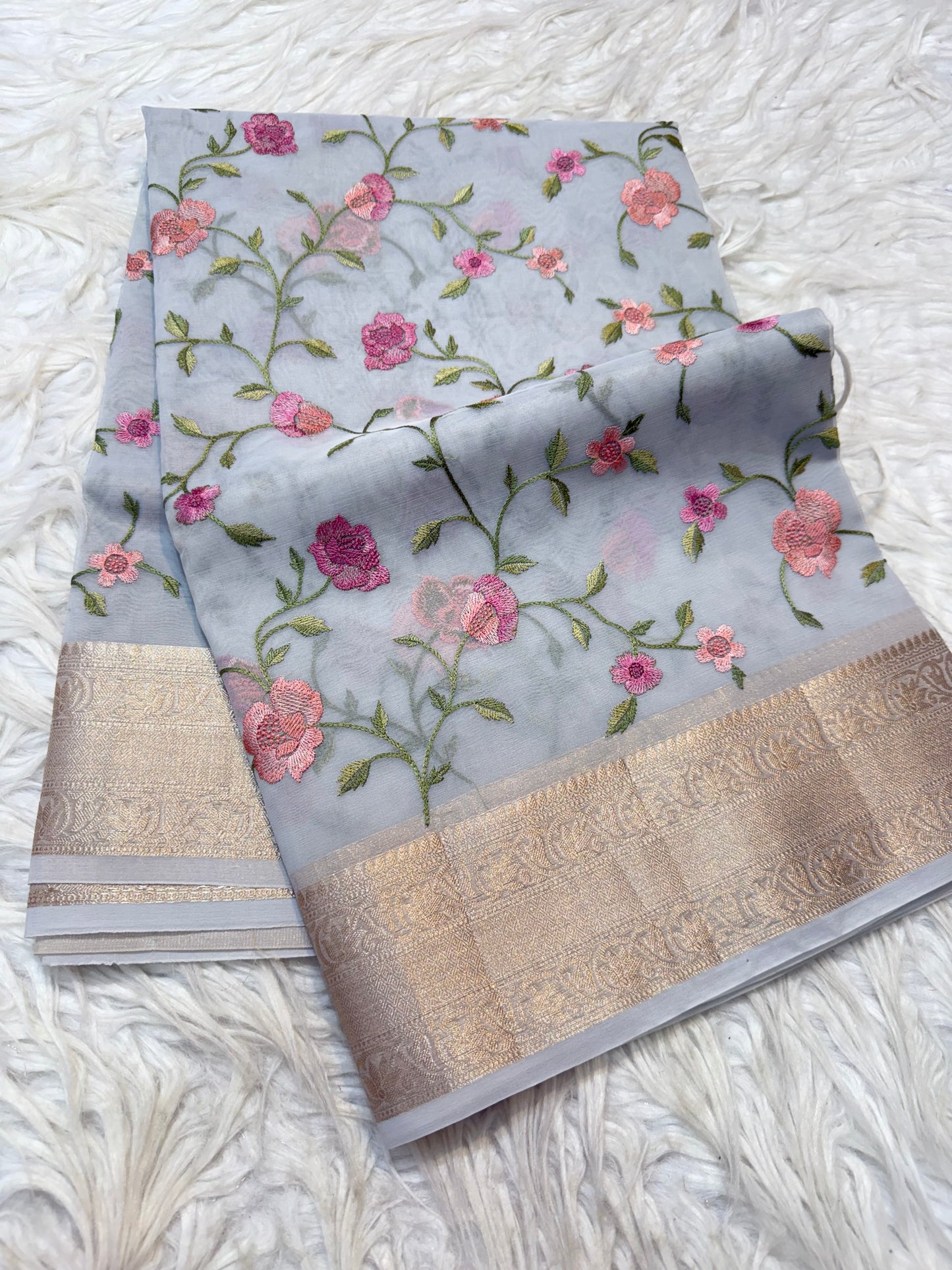 Grey organza embroidery Banarasi saree