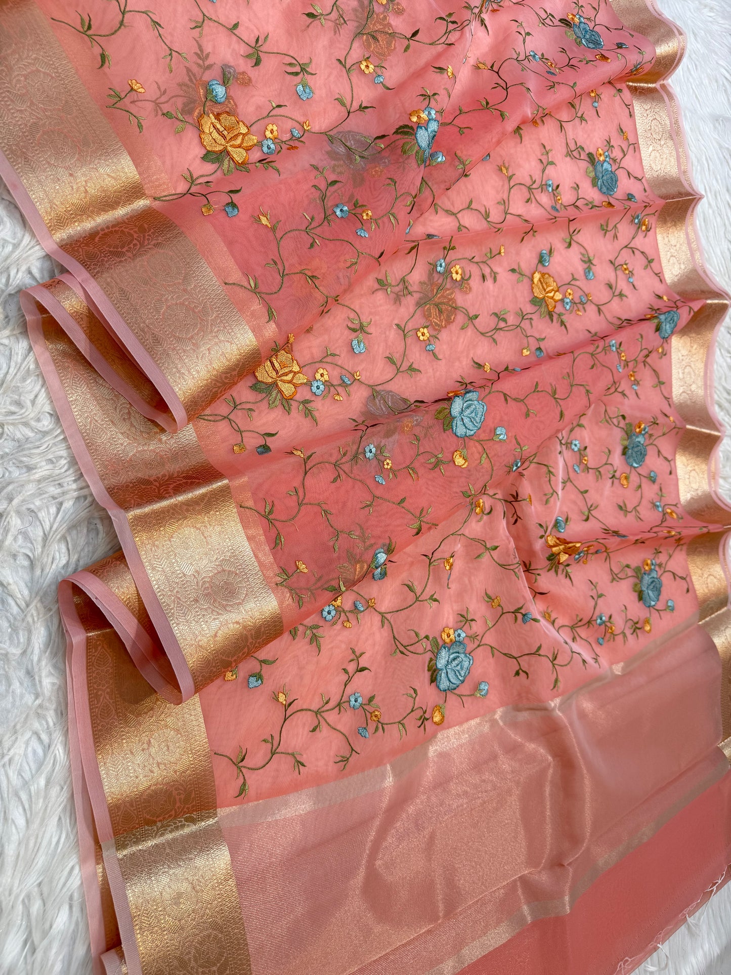 Peach shade organza embroidery Banarasi saree