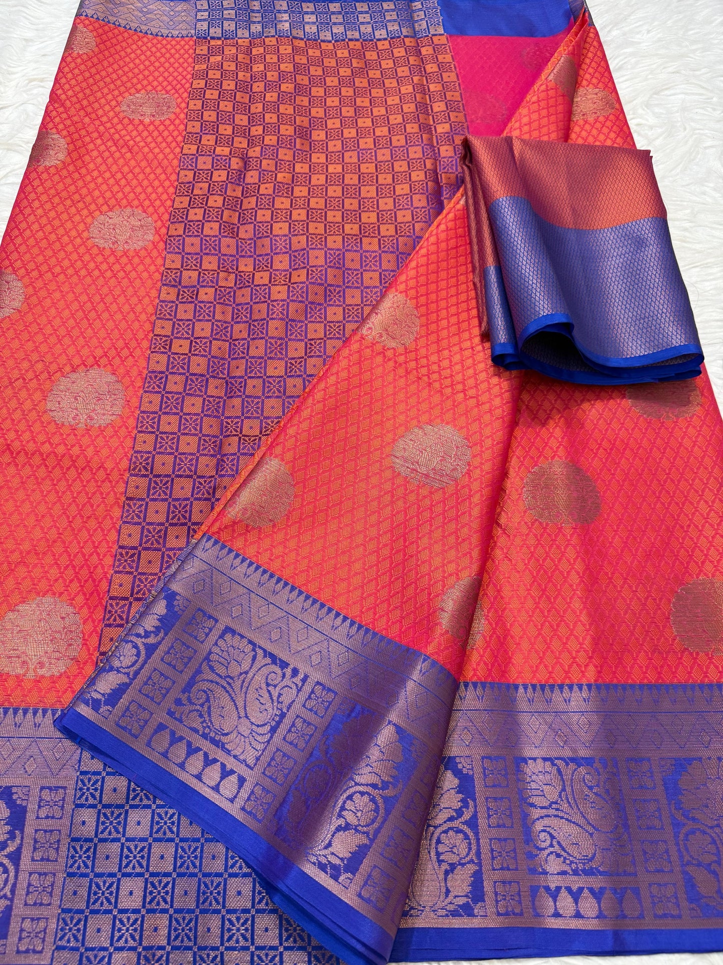 Red blue shade kora silk premium Banarasi saree