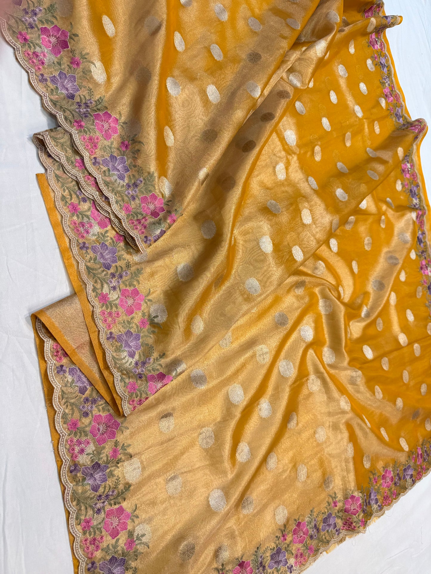 Gold tissue cutwork embroidery premium designer Banarasi saree