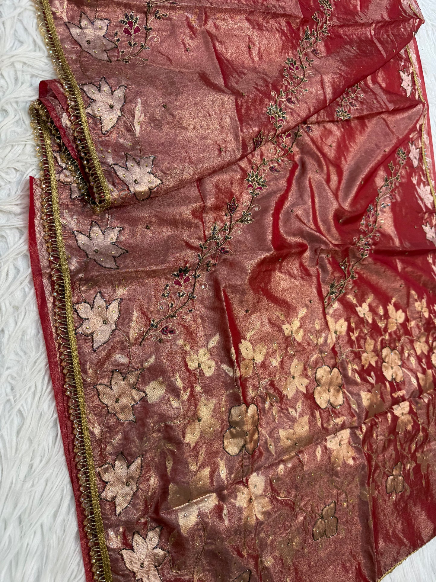 Red shade tissue ari & zardosi work designer premium Banarasi saree