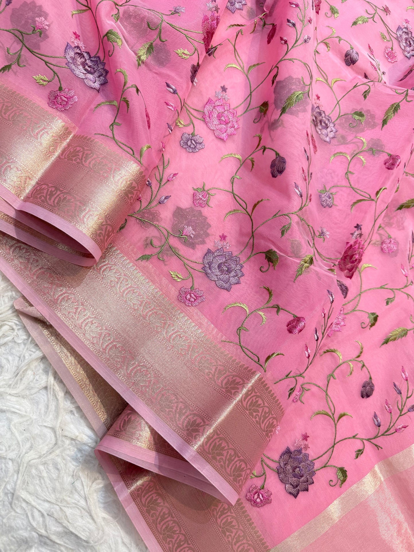 Pink shade organza embroidery Banarasi saree