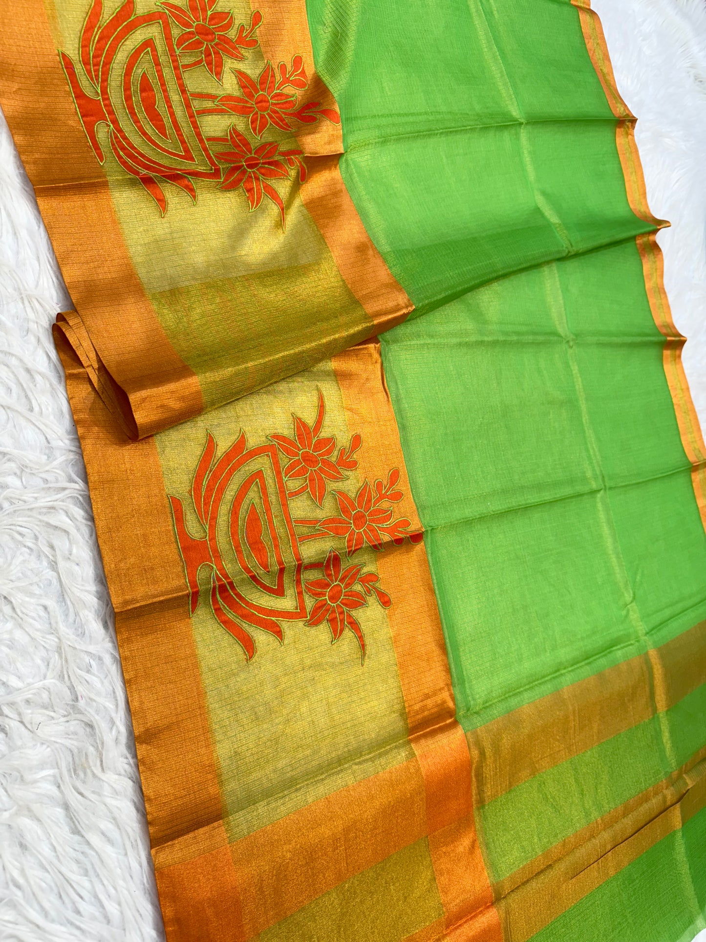 Green bronze shade tissue appliqué work primum Banarasi saree