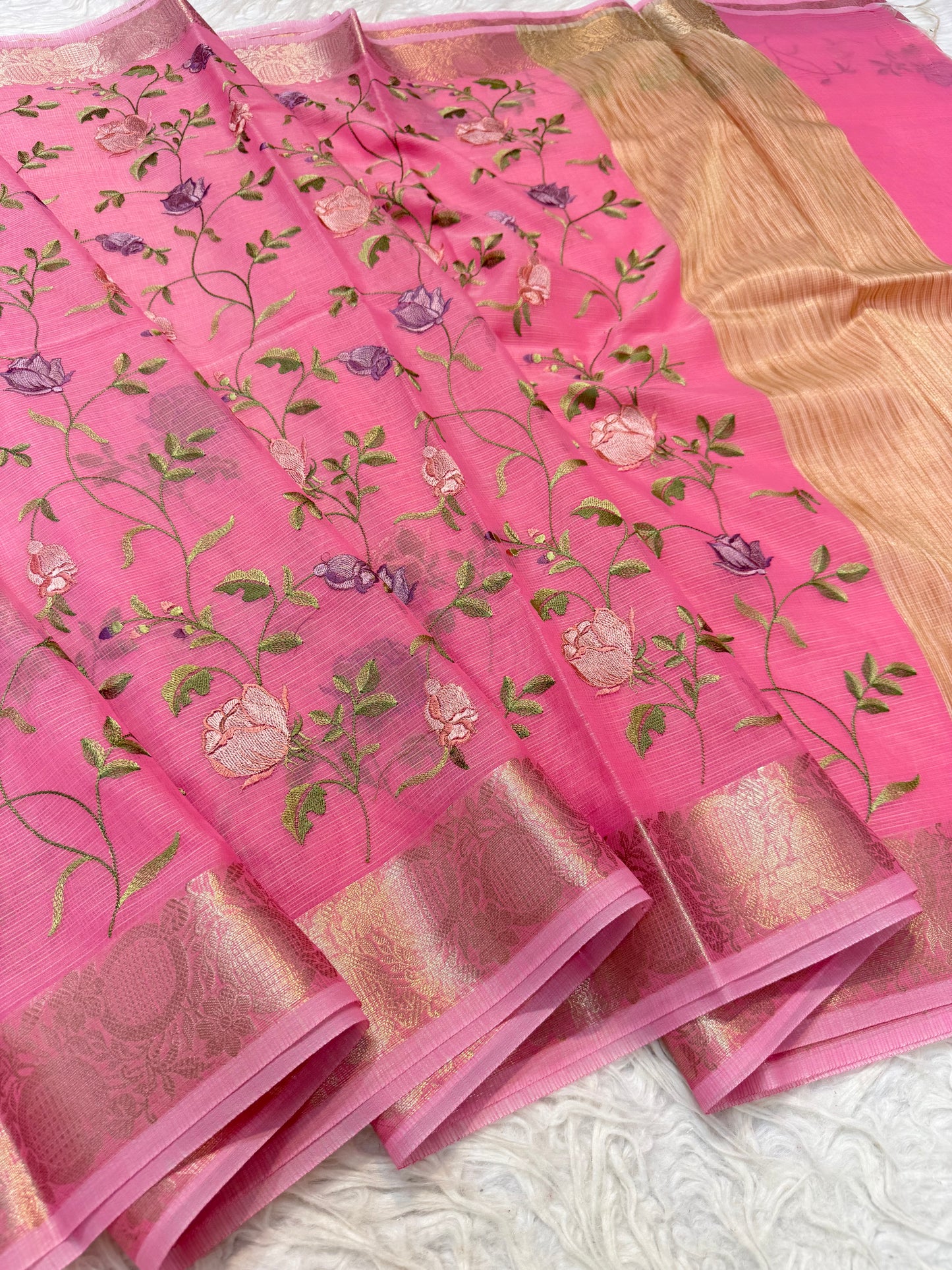 Pink shade cotton kota embroidery Banarasi saree