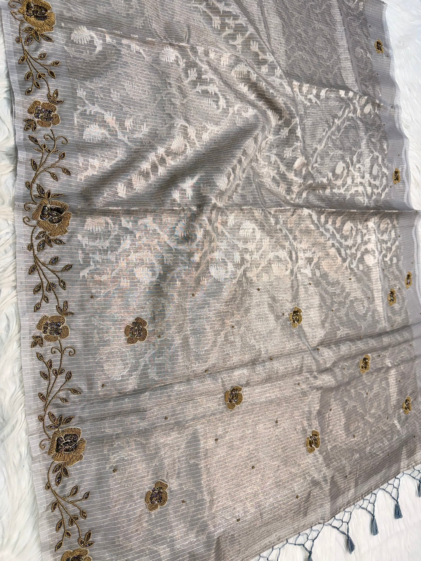 Grey shade tissue kota zardosi work Banarasi saree