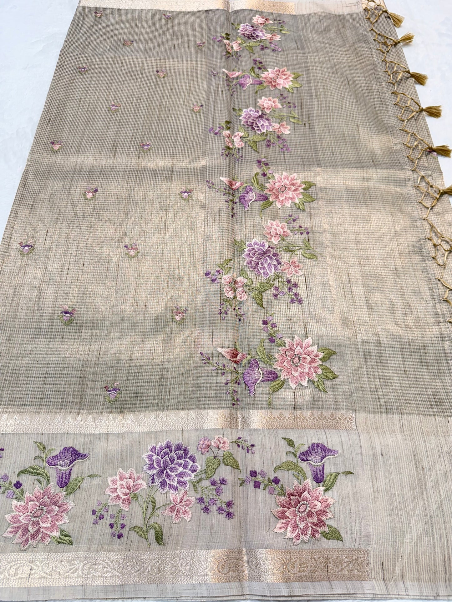 Beige shade tissue linen designer embroidery premium Banarasi saree