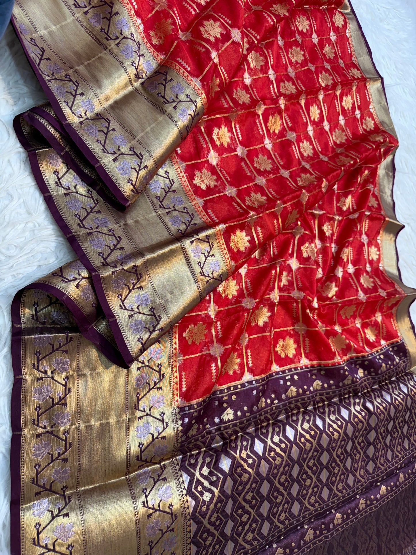 Red wine shade kora silk premium Banarasi saree