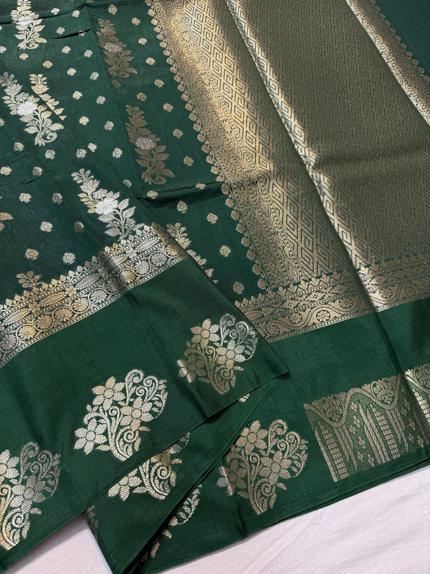 Bottle green shade Raw mango soft silk banarasi saree