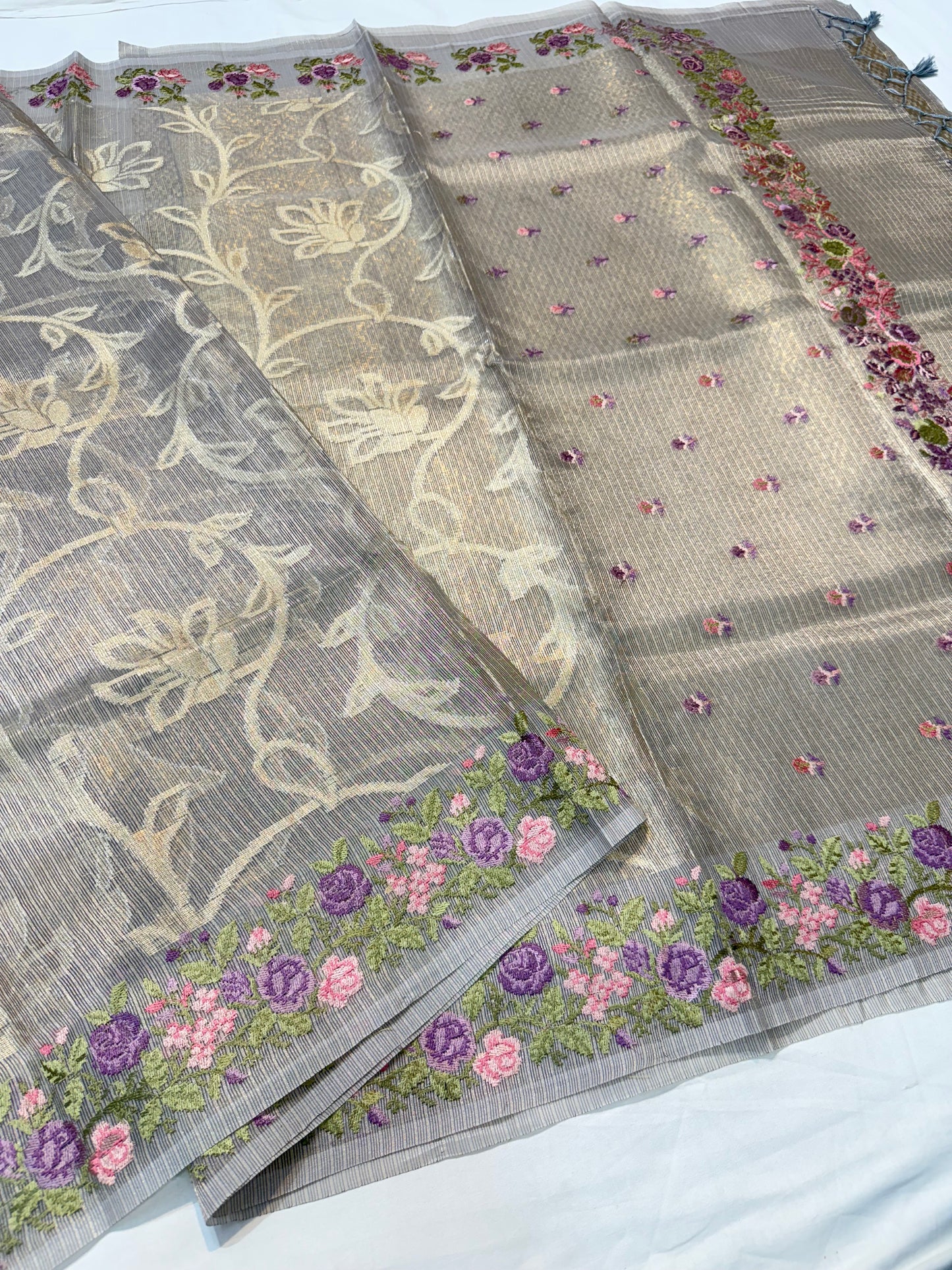 Grey shade tissue kota embroidery primum Banarasi saree