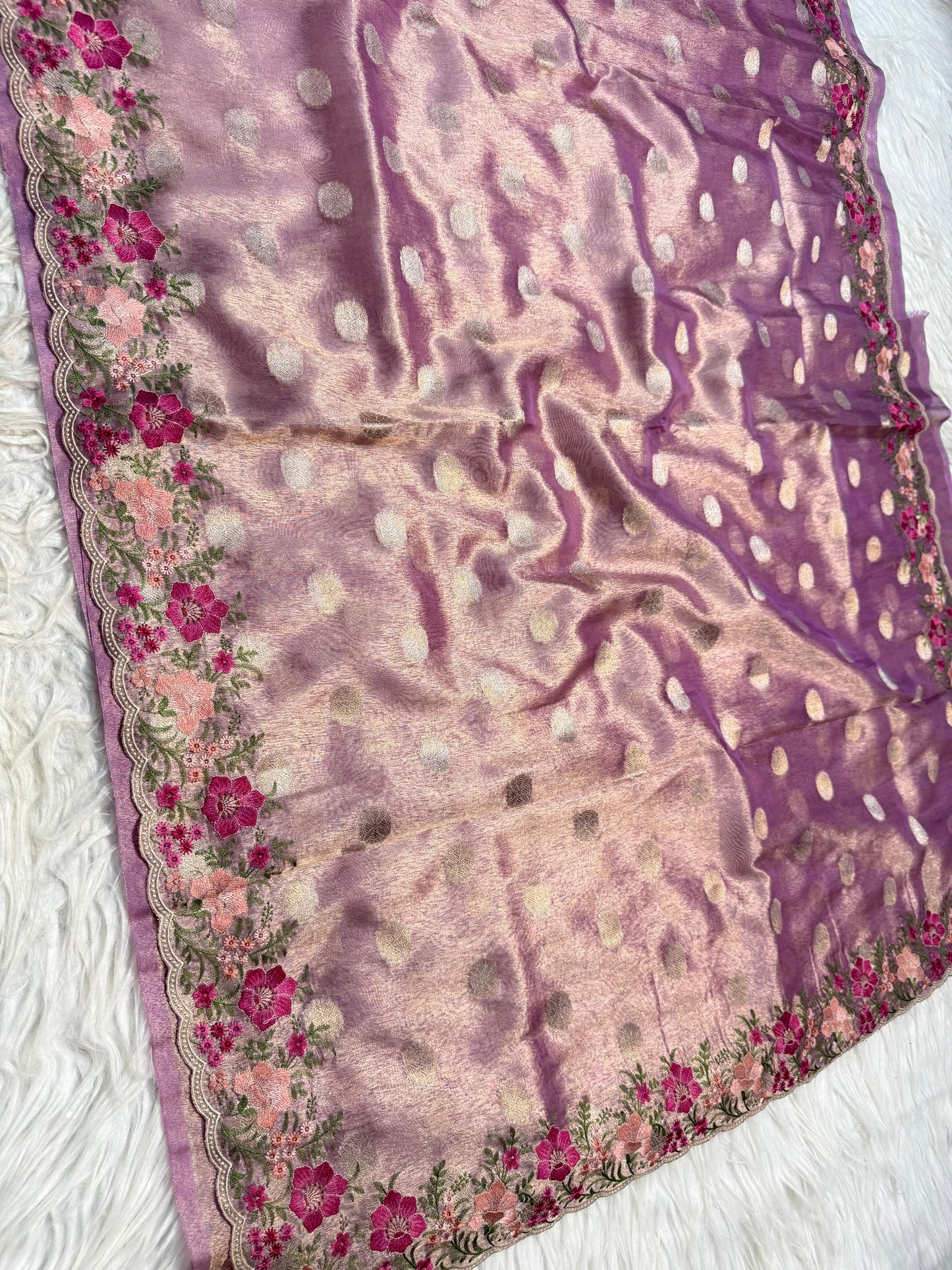 Magenta tissue cutwork embroidery premium designer Banarasi saree