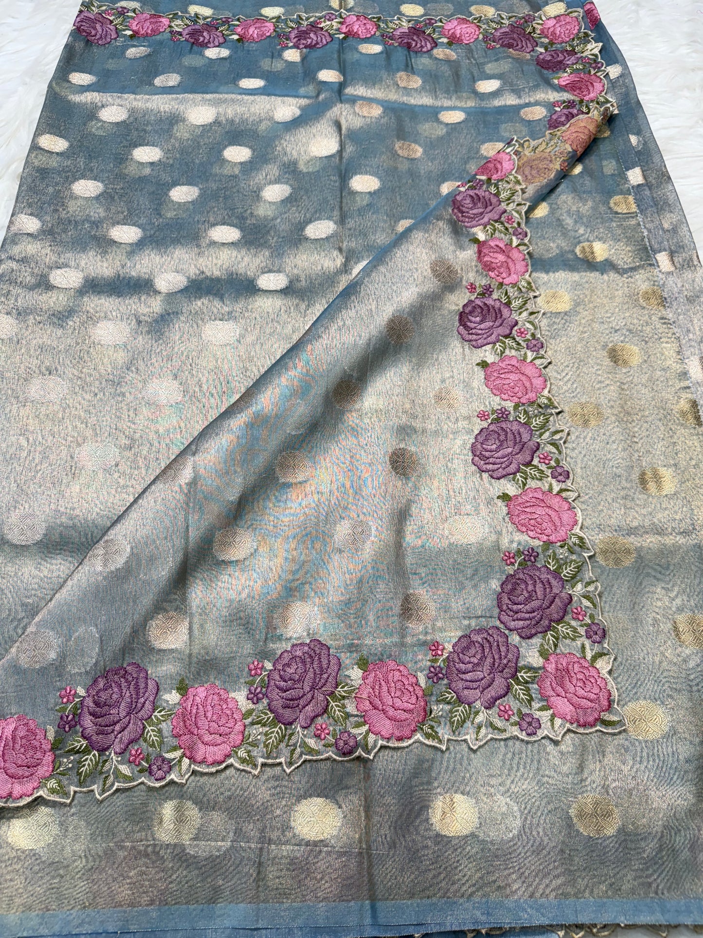 Banarasi tissue cutwork embroidery saree