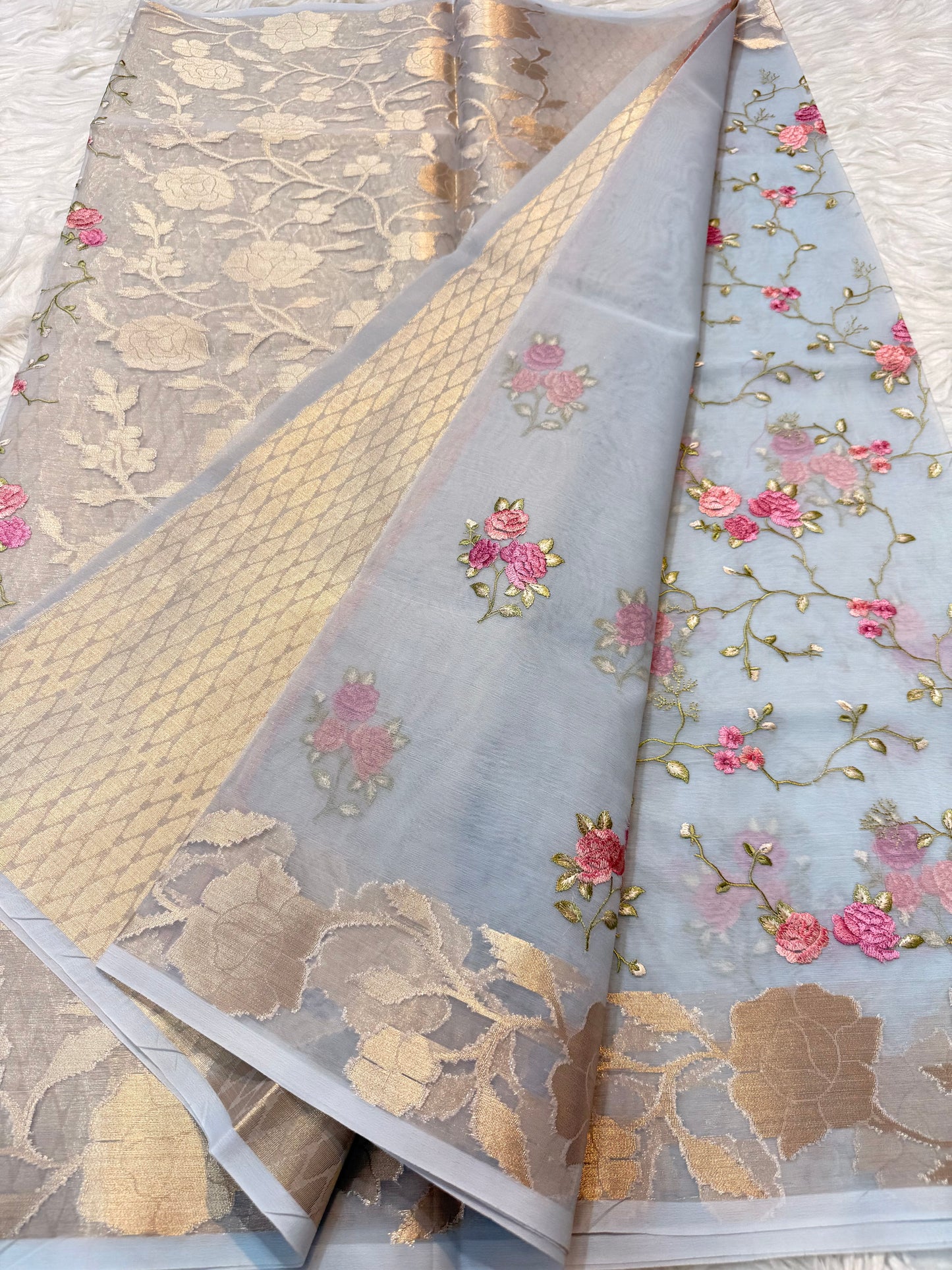 Grey shade kora organza embroidery Banarasi saree