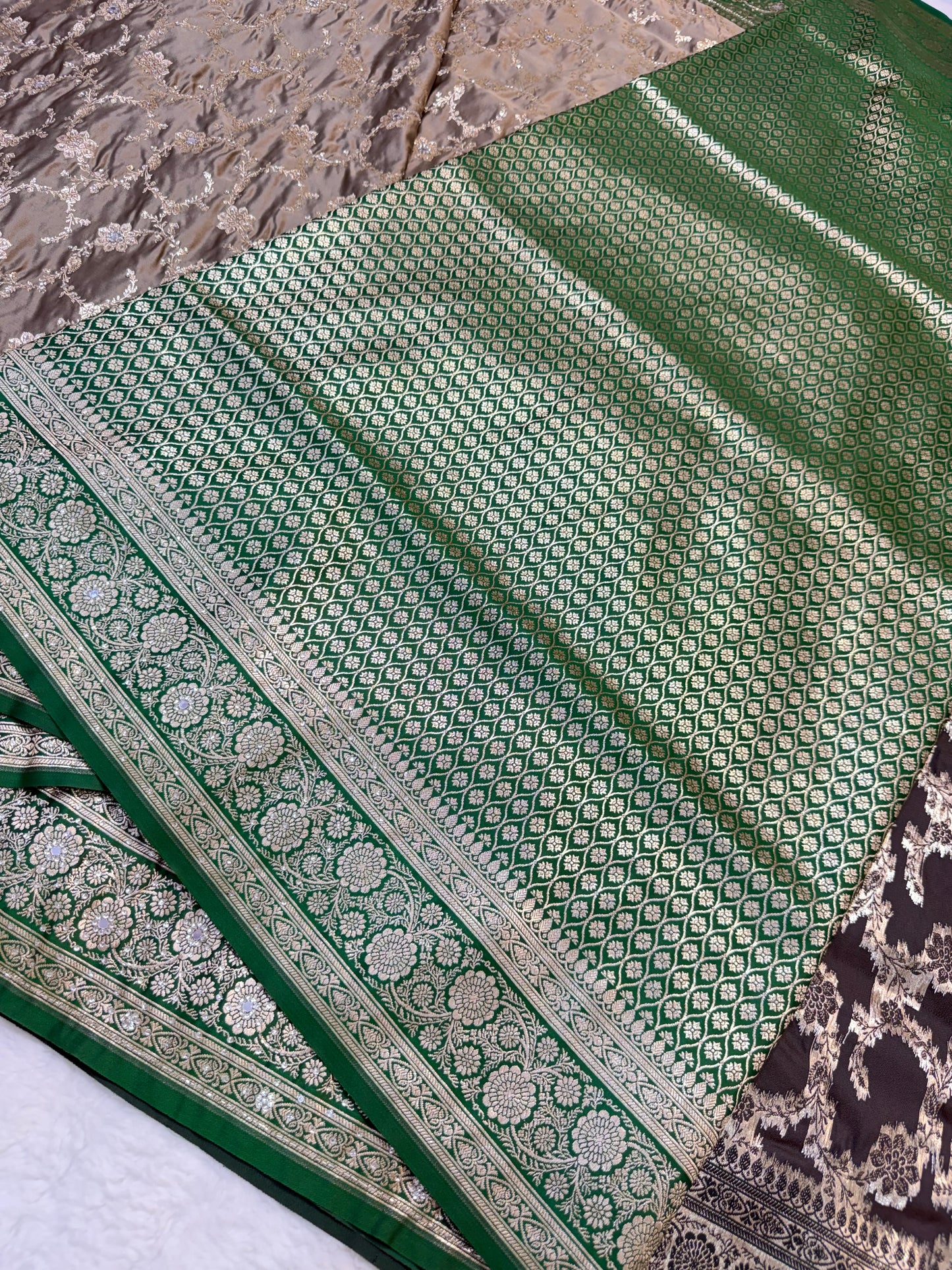 Gray & bottle green shade Bridal Satan katan ari & stone work Banarasi silk Saree