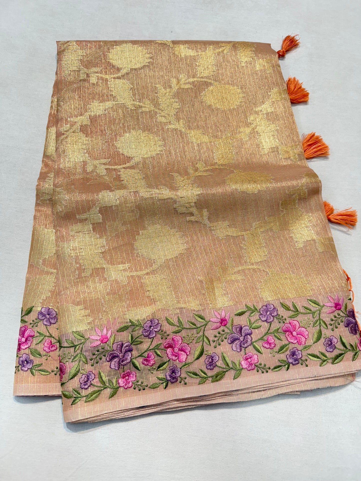 Peach shade tissue kota designer embroidery premium Banarasi saree