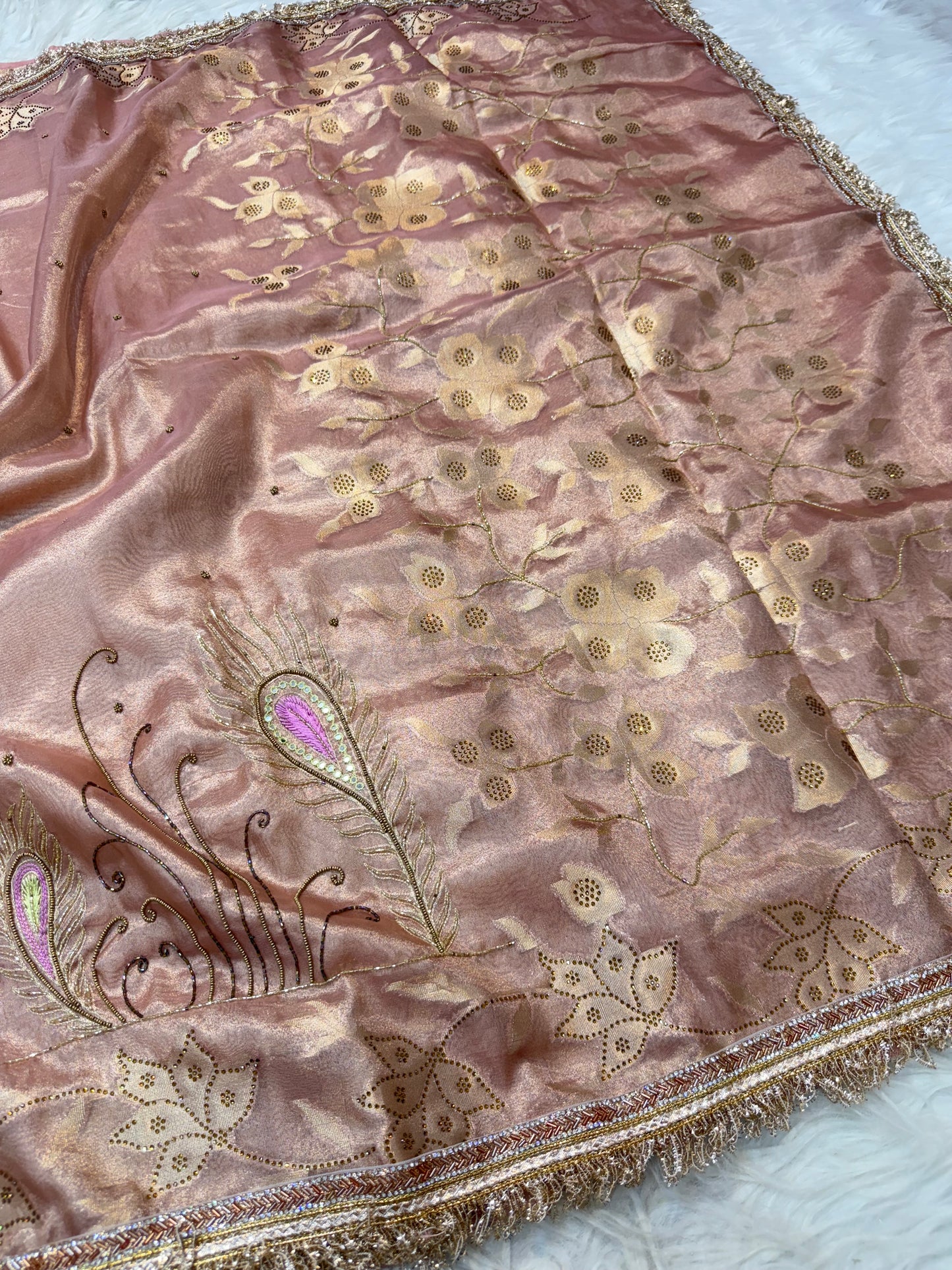 Peach shade tissue ari & zardosi work designer premium Banarasi saree