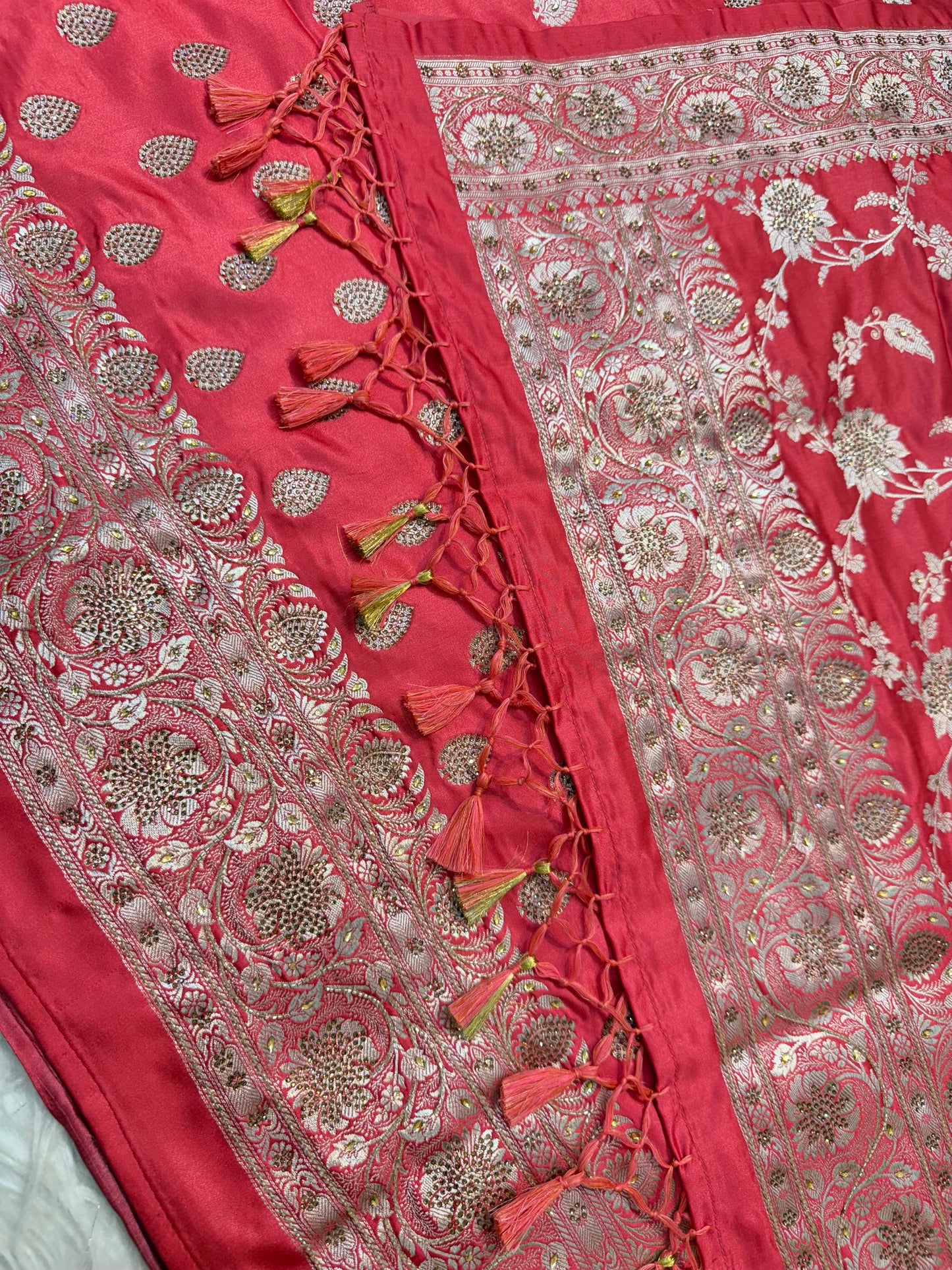 Strawberry Satin Katan Swarovski Work Banarasi suit