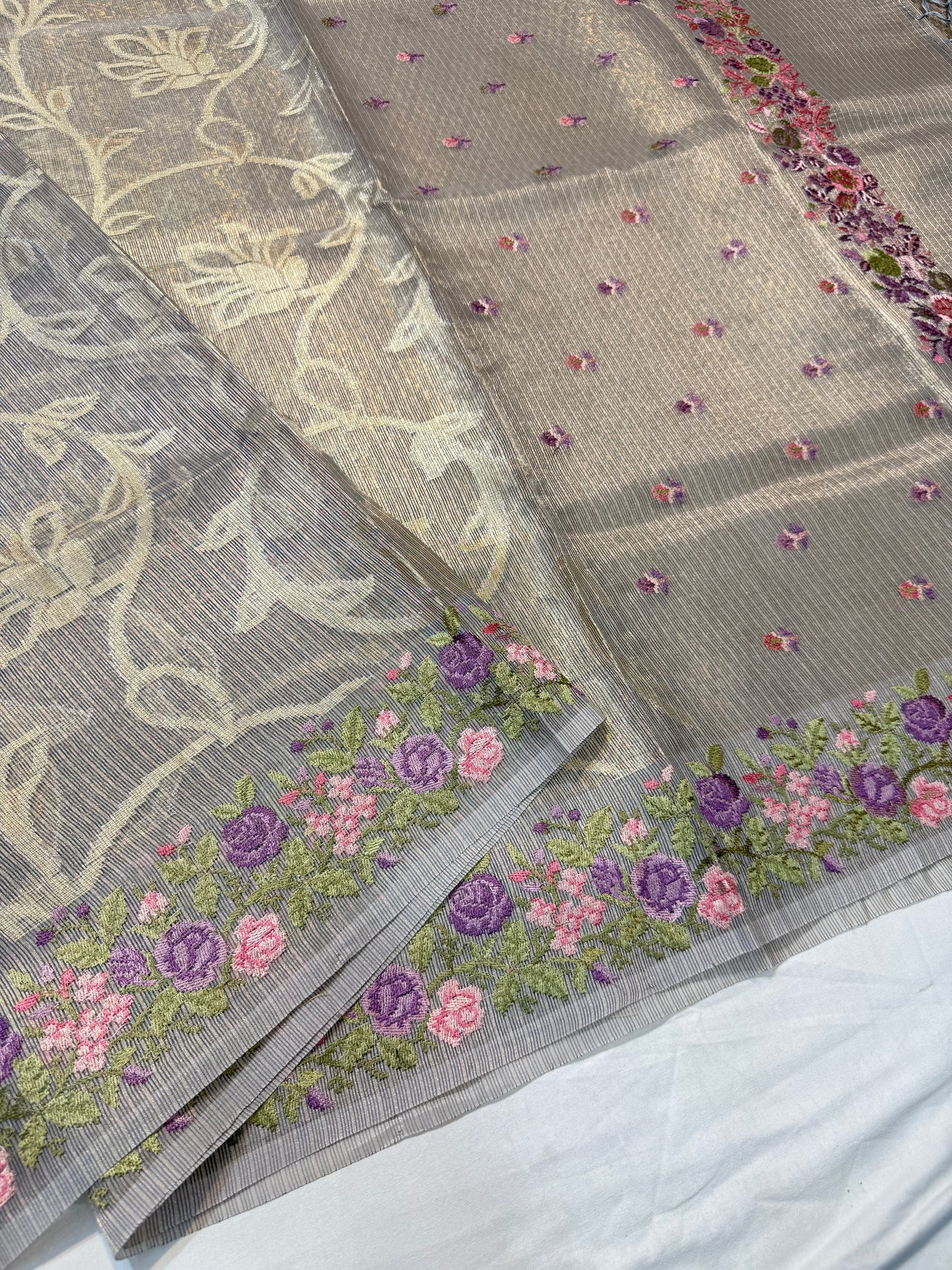 Grey shade tissue kota embroidery primum Banarasi saree