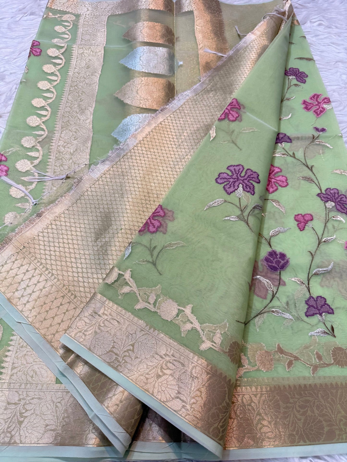 Pista green shade kora organza embroidery Banarasi saree