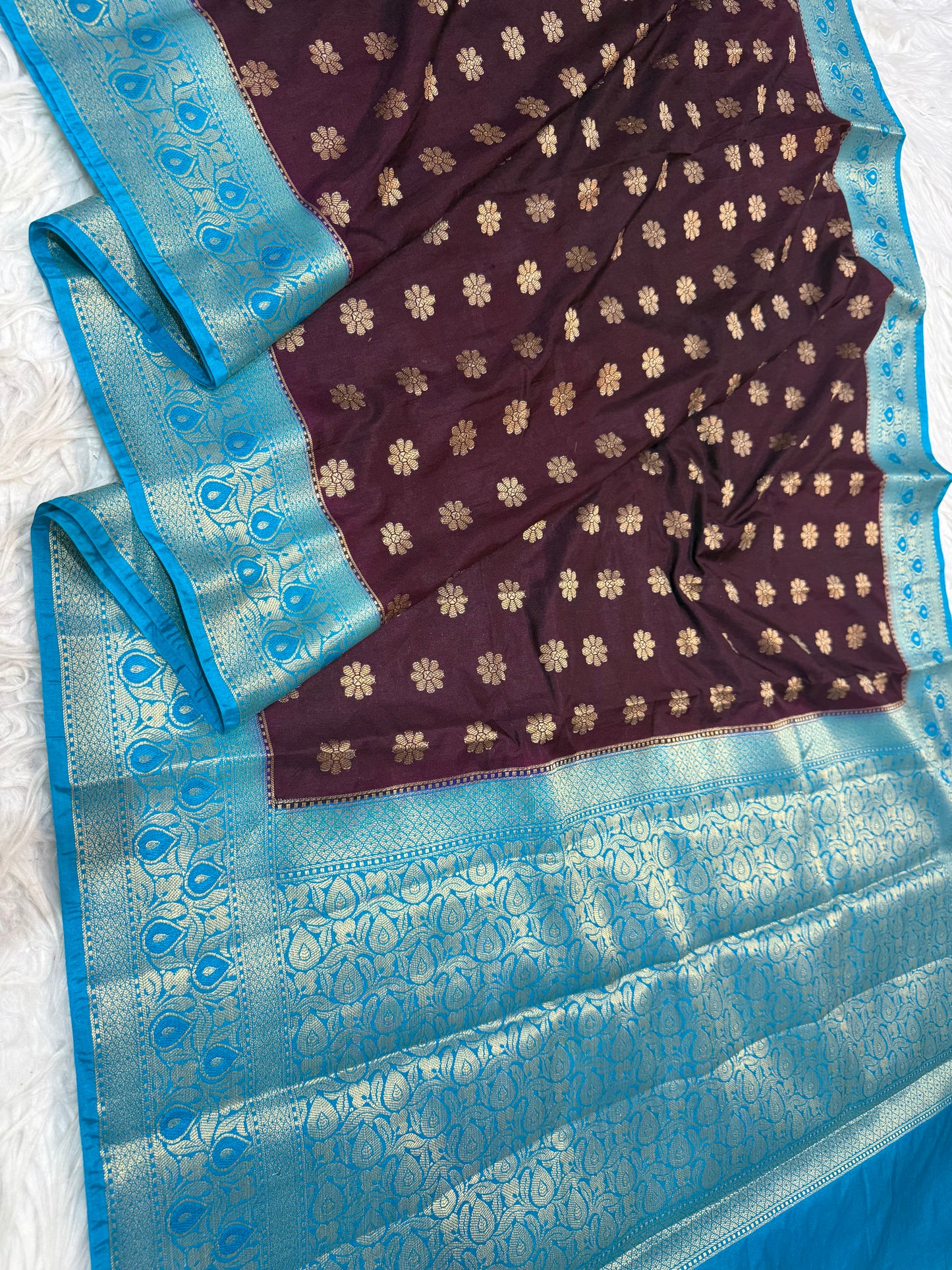 Wine & firozi shade Dupion Silk premium Banarasi Saree
