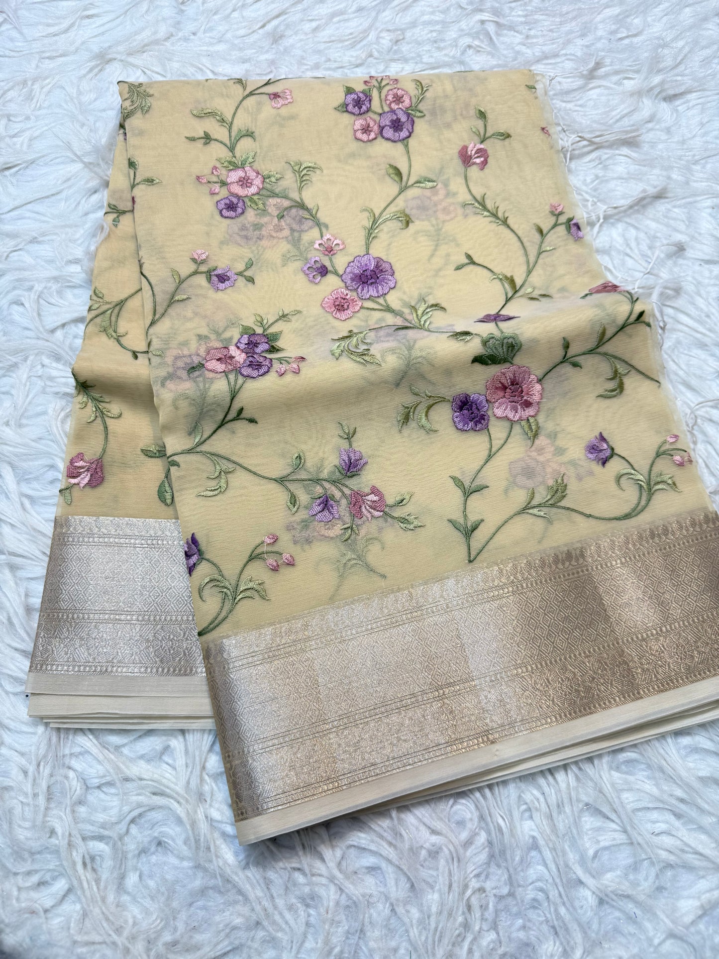 Beige shade organza embroidery Banarasi saree