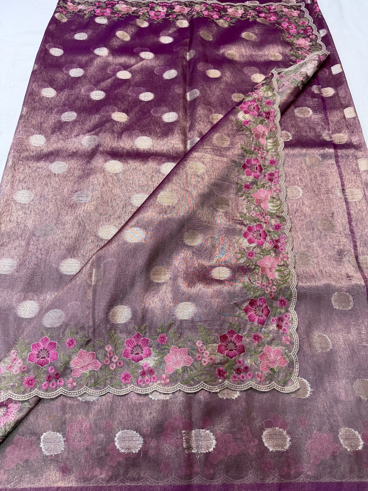 Magenta tissue cutwork embroidery premium designer Banarasi saree