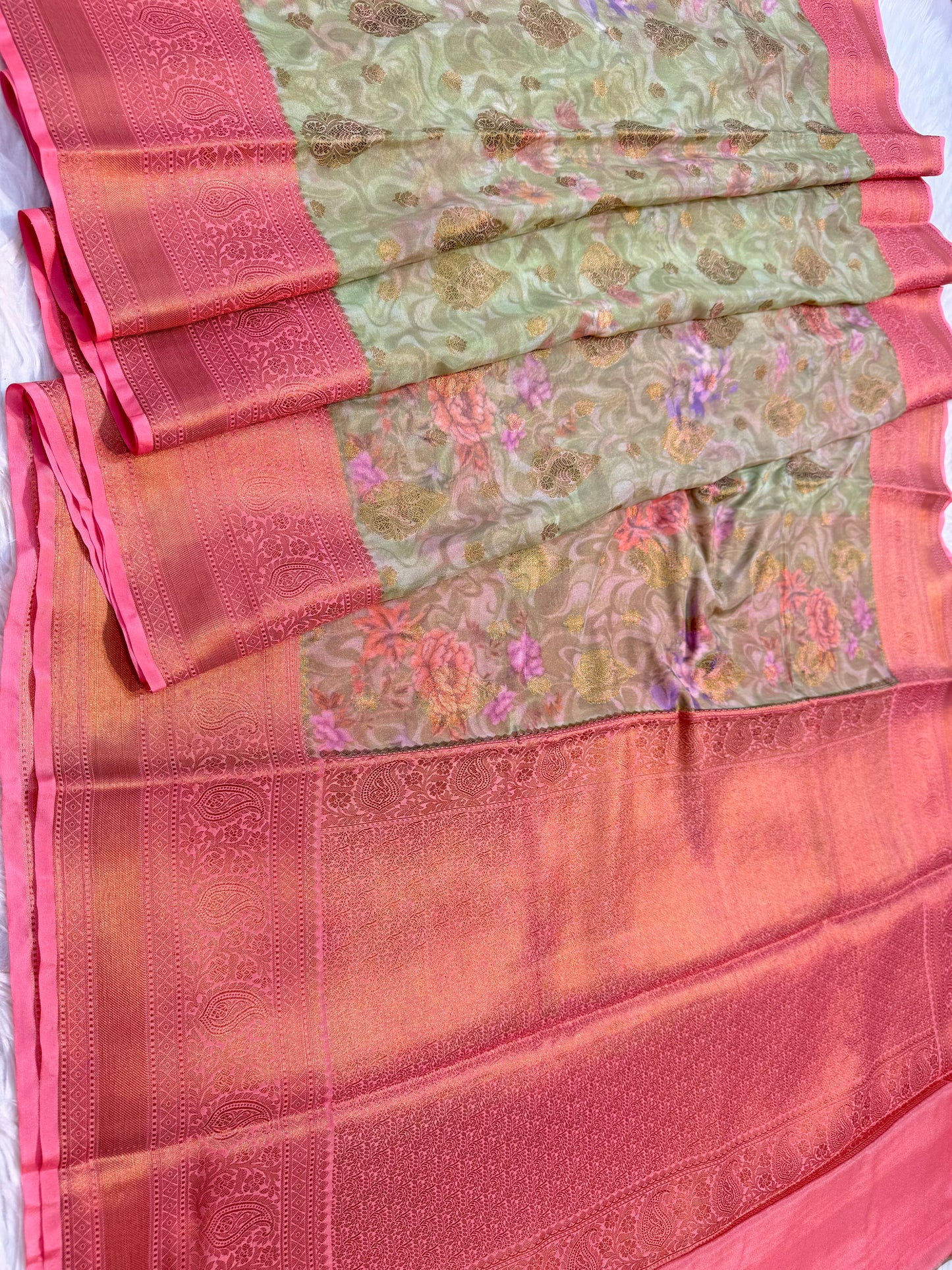 Pista green pink & multicolour shade georgatte digital print Banarasi saree