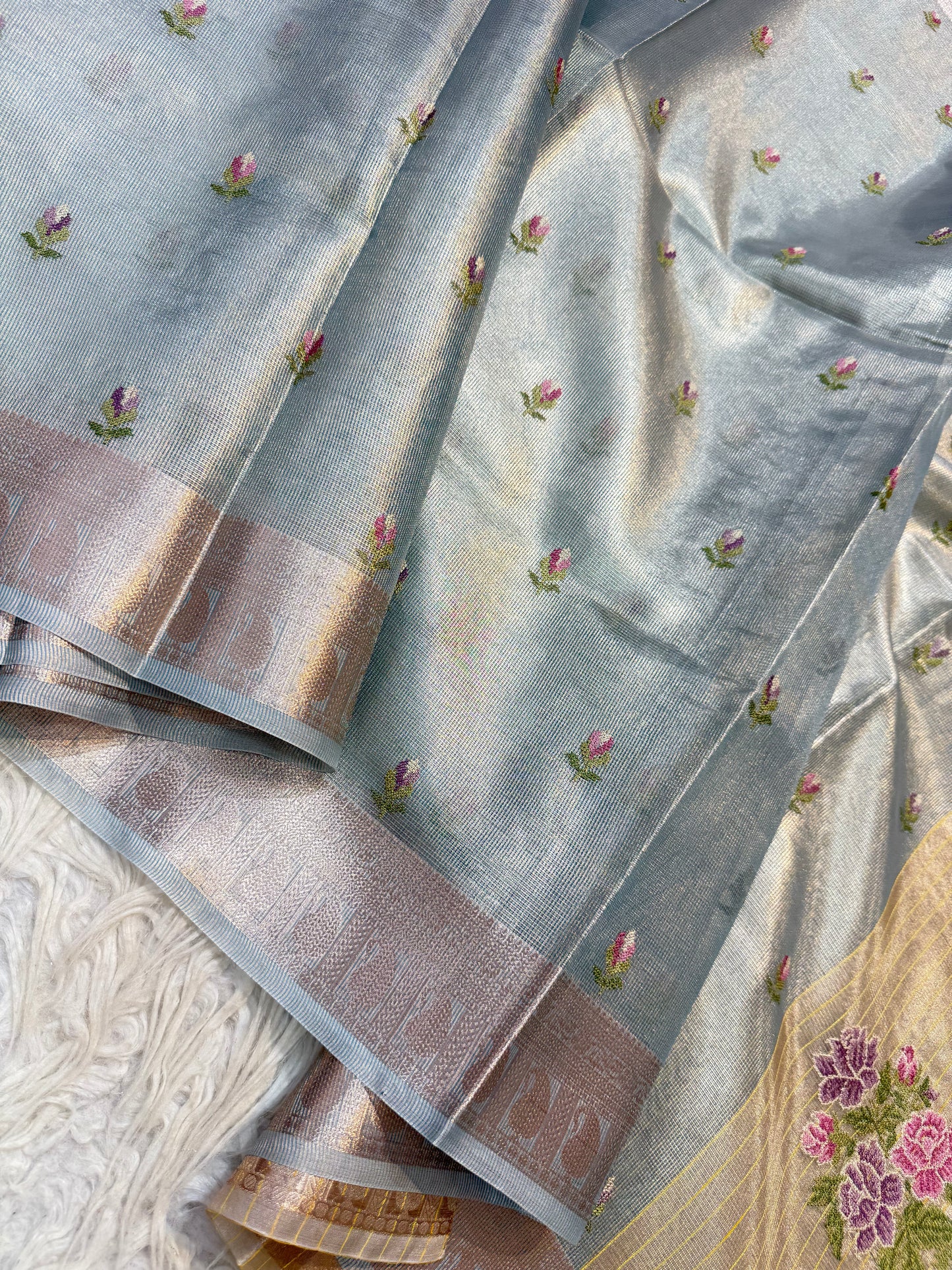 Sea green shade tissue kota embroidery primum Banarasi saree