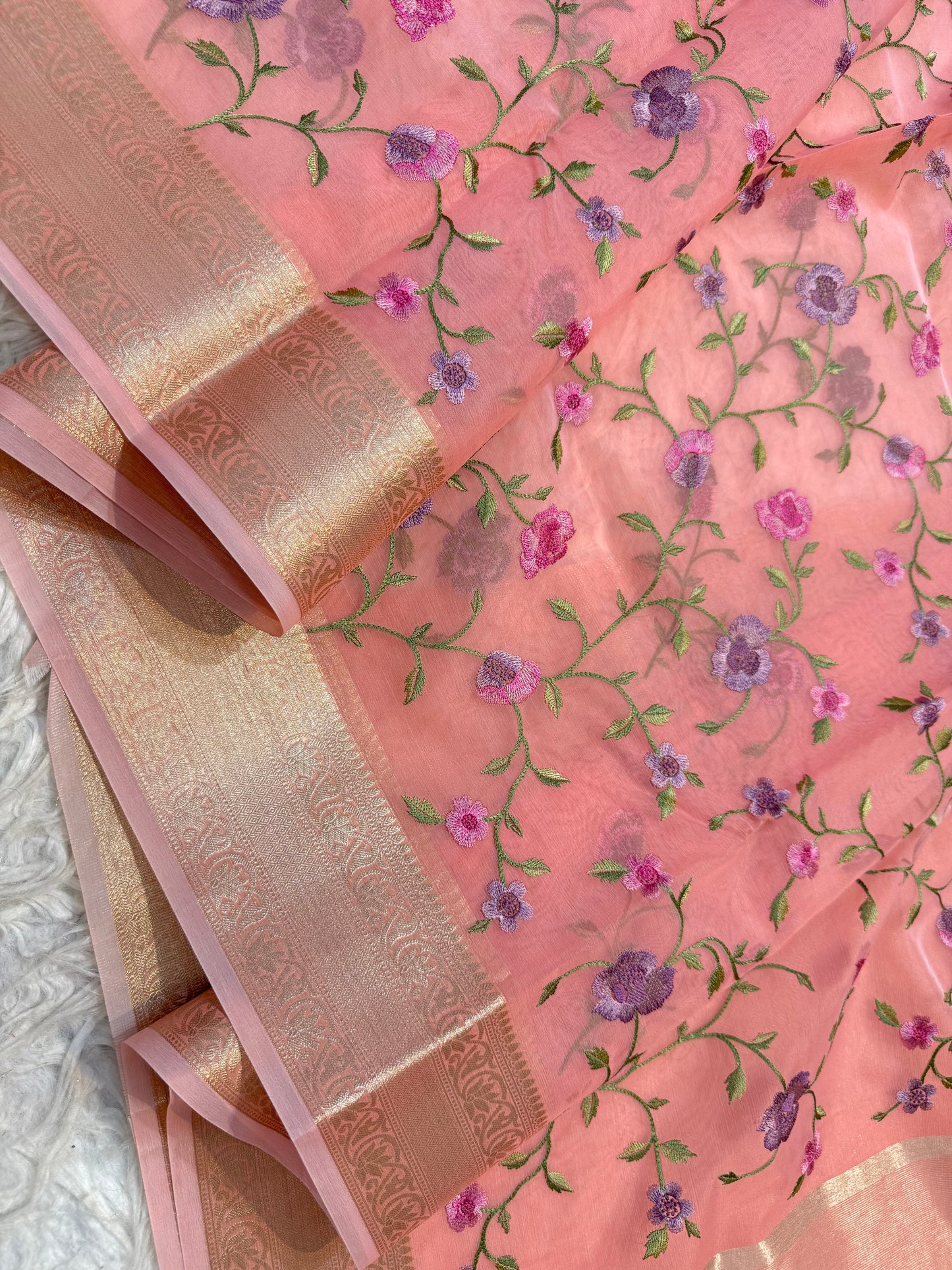 Peach shade organza embroidery Banarasi saree