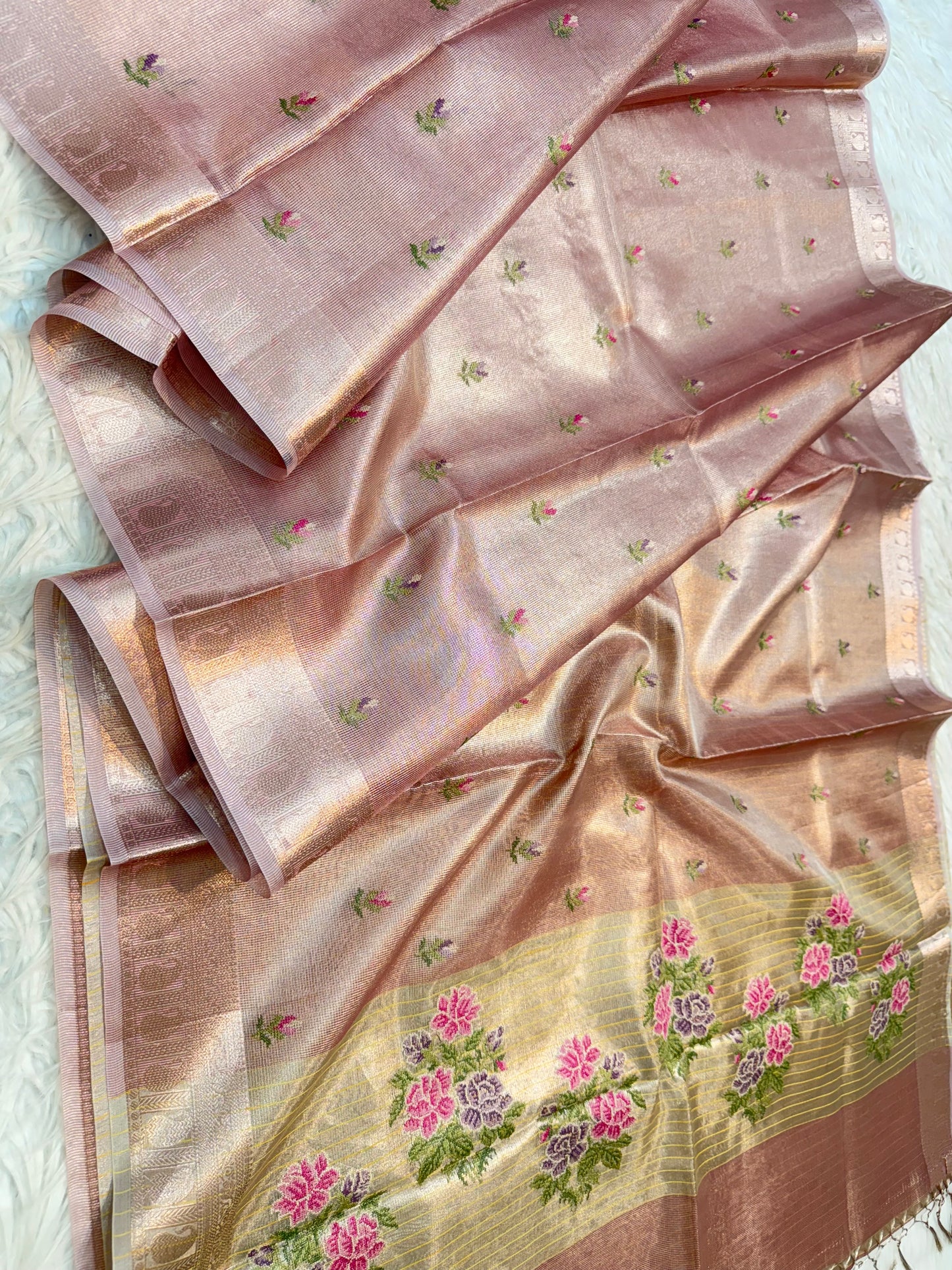Peach shade tissue kota embroidery primum Banarasi saree