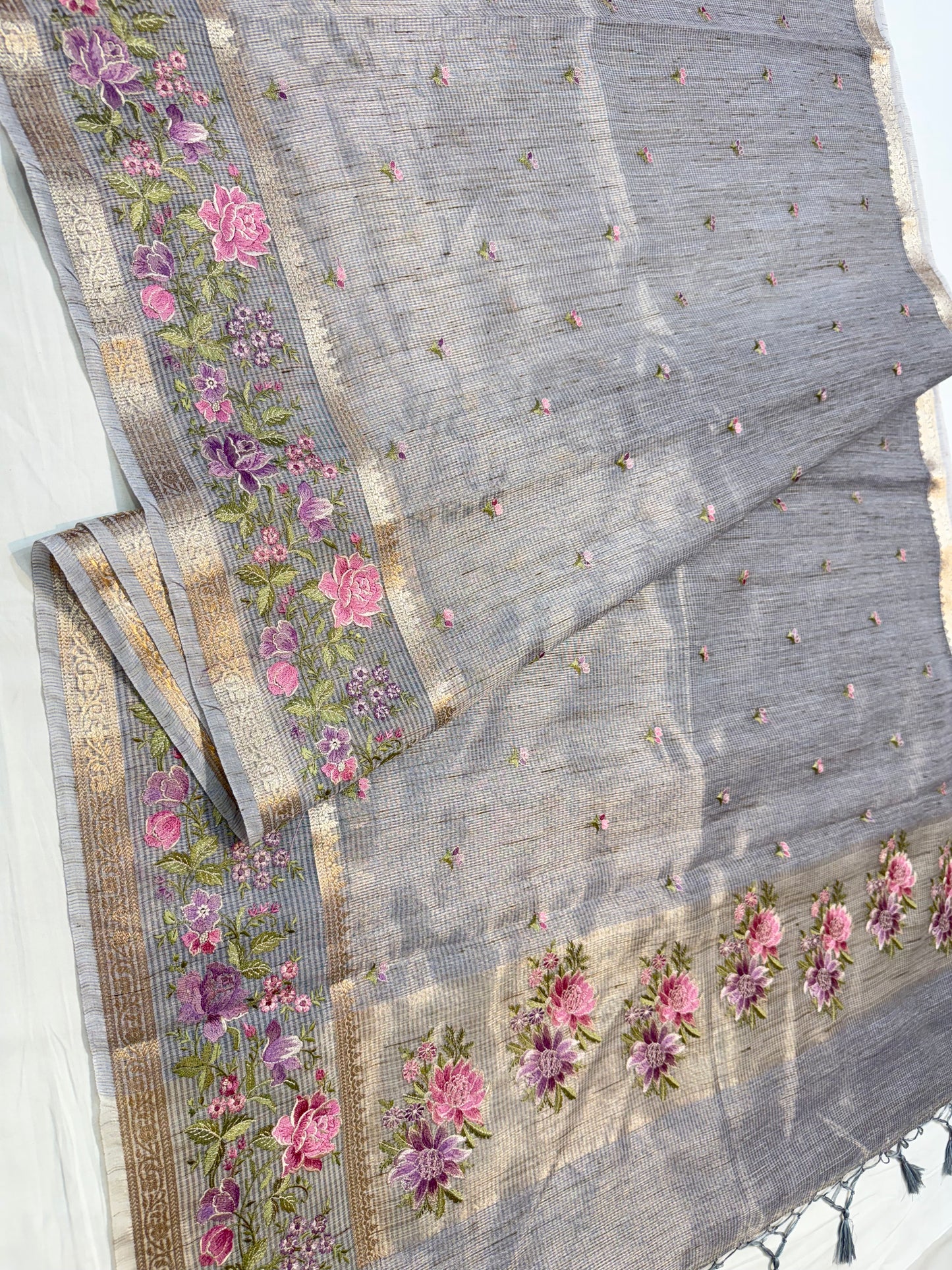 Silver shade tissue linen designer embroidery Banarasi saree
